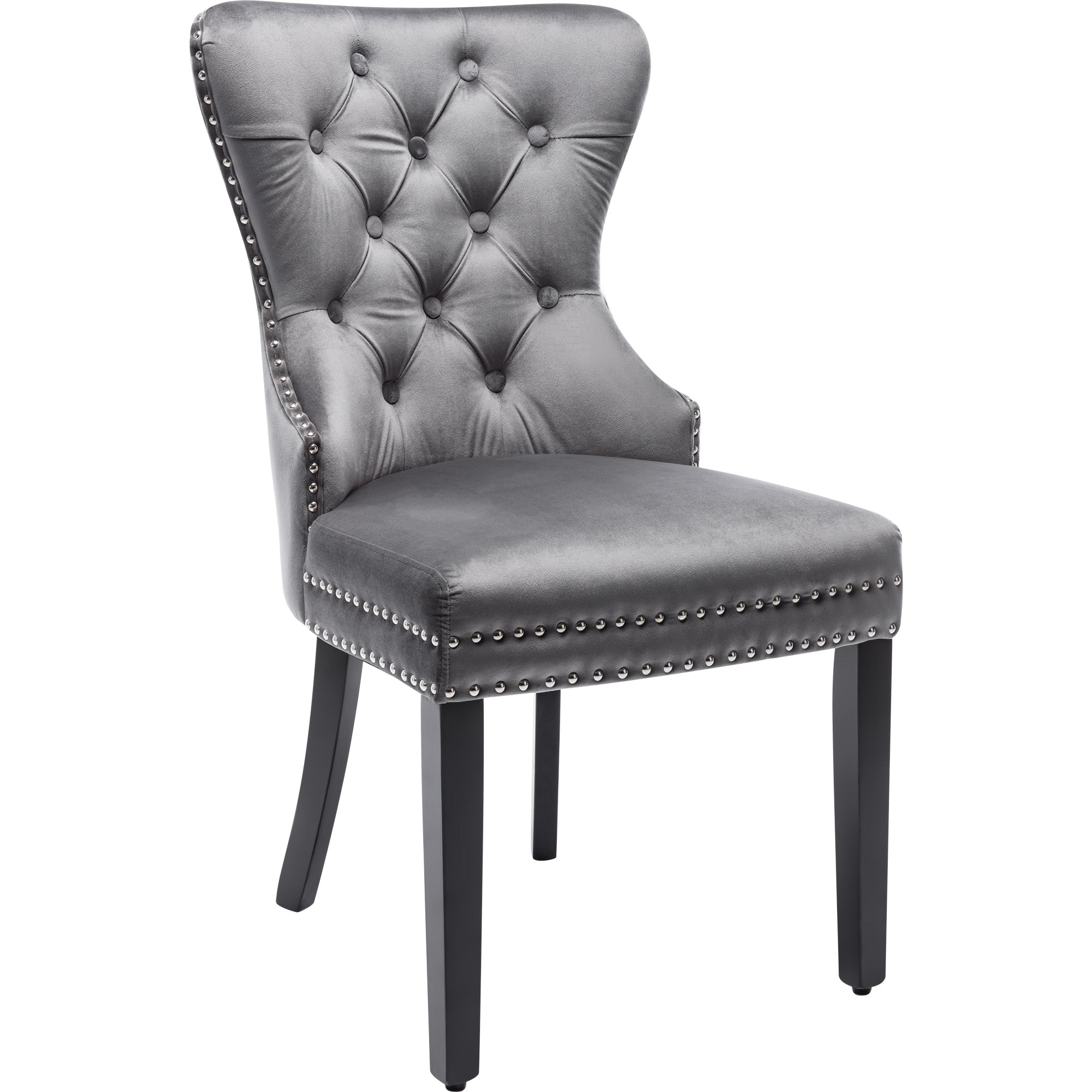 Velvet Dining Chairs Set of 6 with Oak Legs, Chrome Knocker and Nailhead Trim, Grey