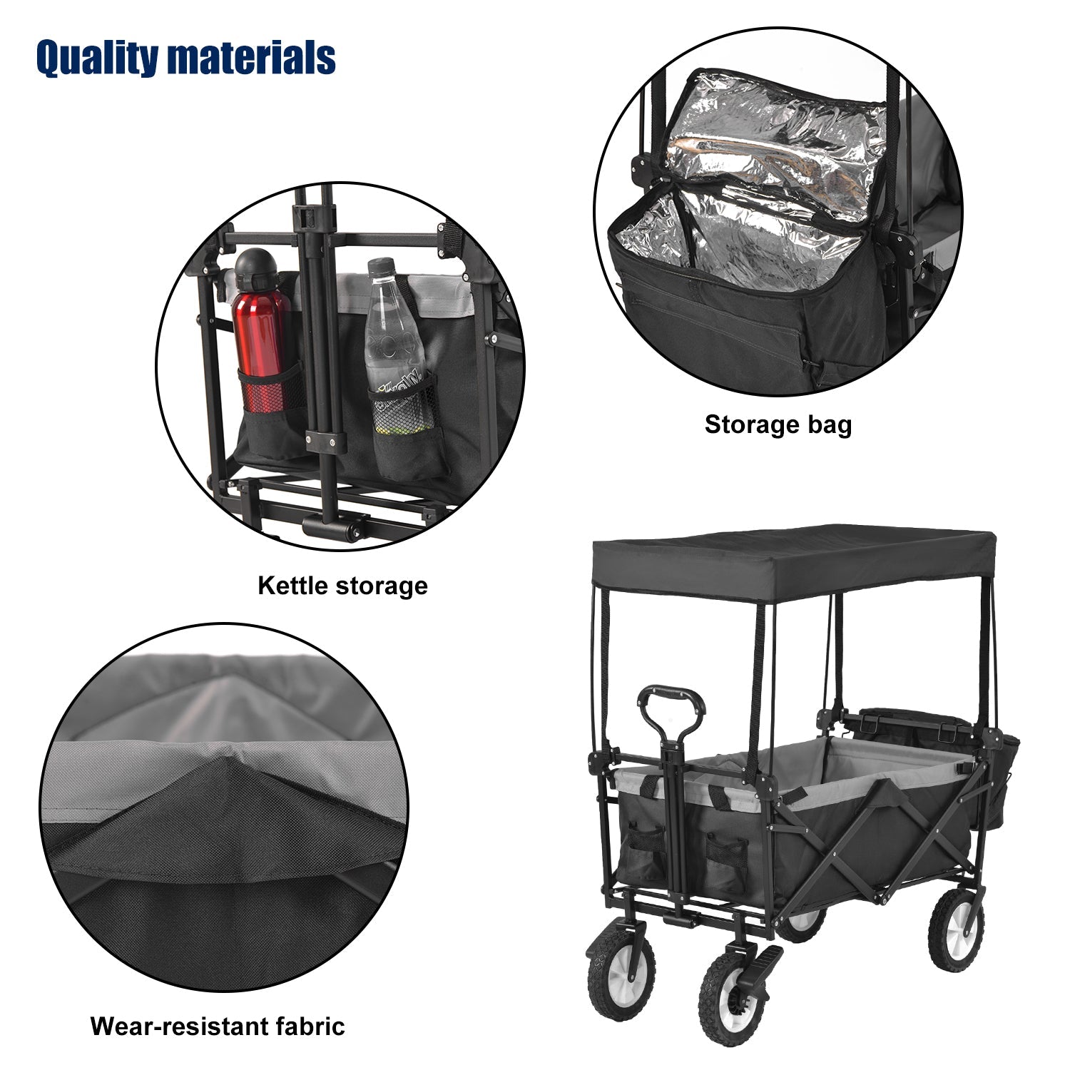 Garden Cart: Removable Canopy, Foldable Trolley Wagon, Front Cup Holder, Cooler Bag, Push Pull Handle, Hand Truck (Black)