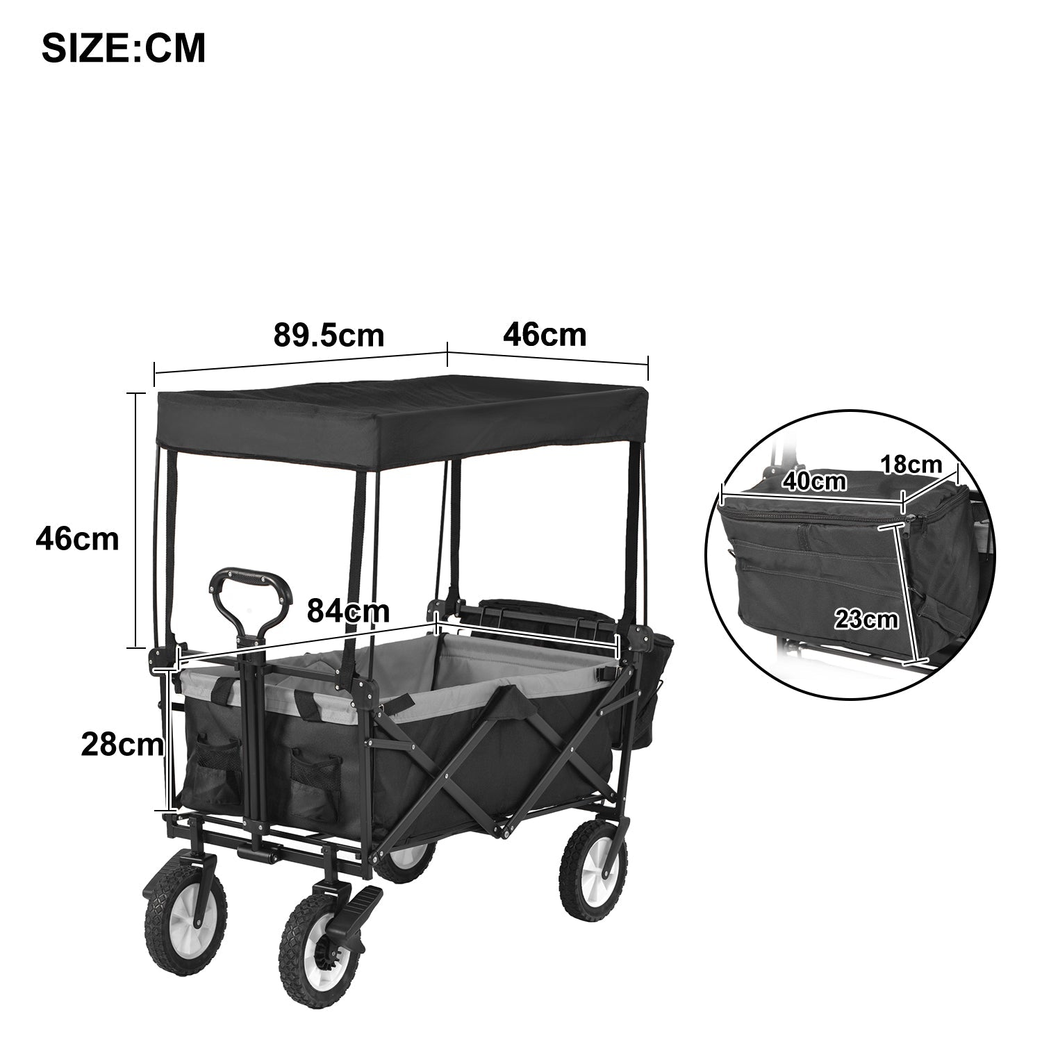 Garden Cart: Removable Canopy, Foldable Trolley Wagon, Front Cup Holder, Cooler Bag, Push Pull Handle, Hand Truck (Black)