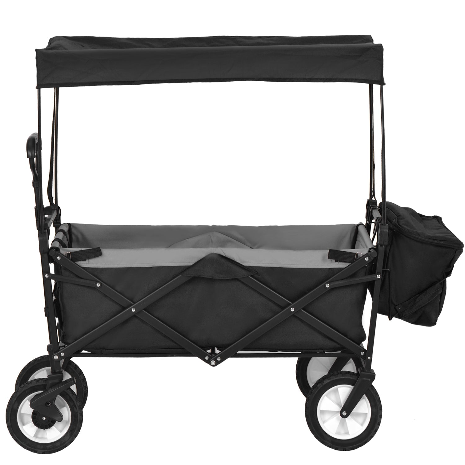 Garden Cart: Removable Canopy, Foldable Trolley Wagon, Front Cup Holder, Cooler Bag, Push Pull Handle, Hand Truck (Black)