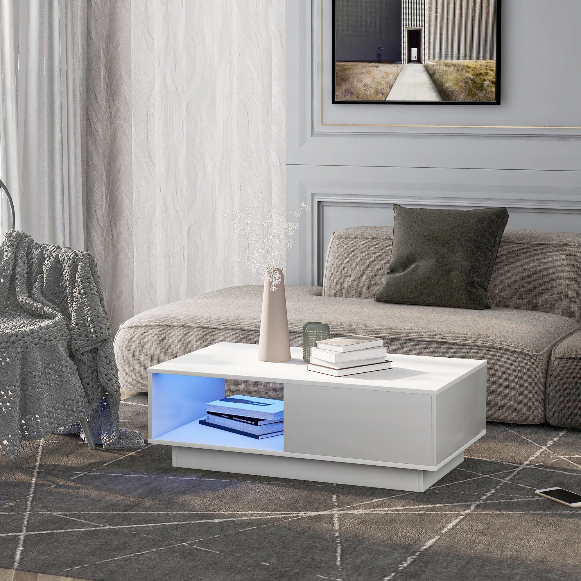 Coffee Table, Modern High Gloss Rectangular Living Room Table with LED Light, White