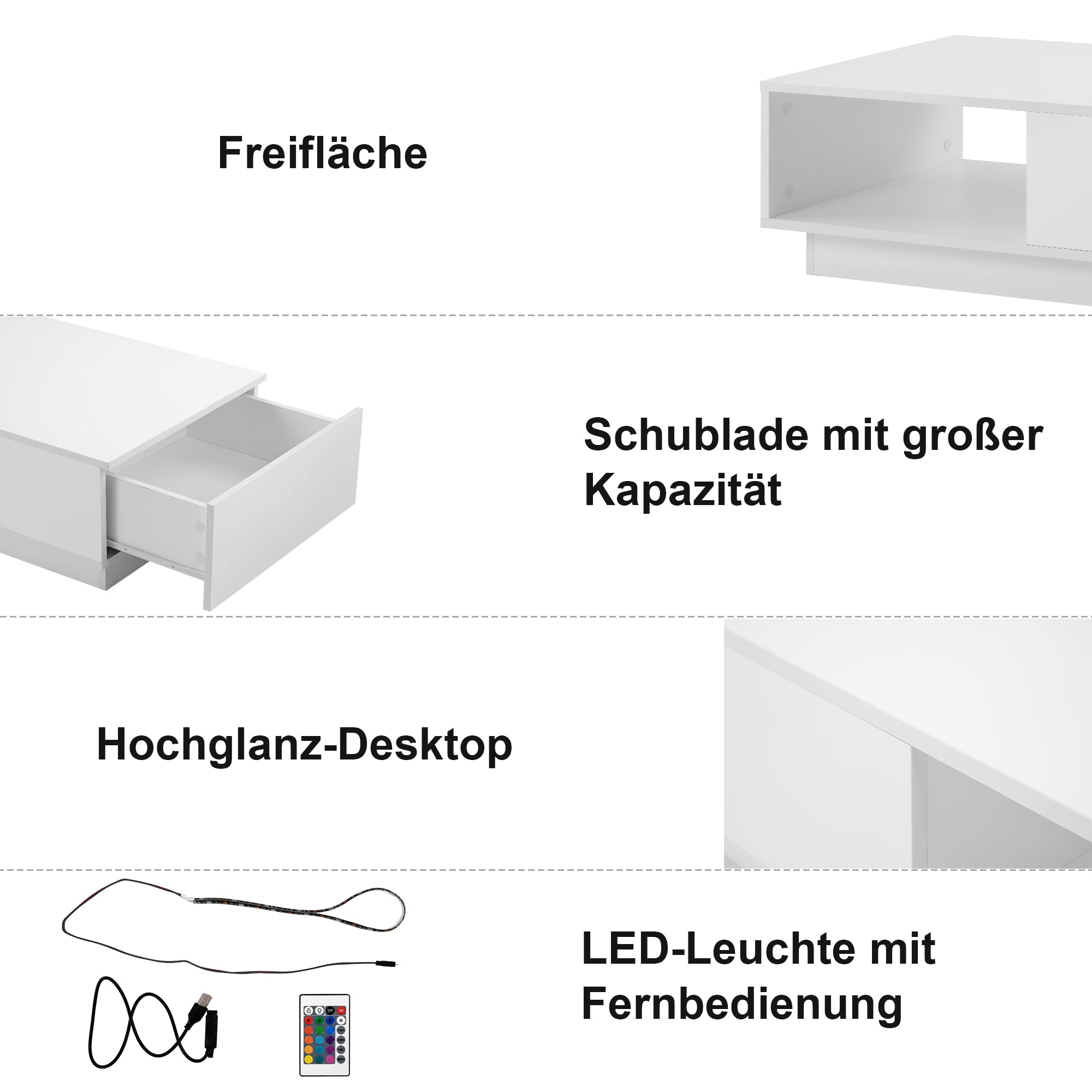 Coffee Table, Modern High Gloss Rectangular Living Room Table with LED Light, White