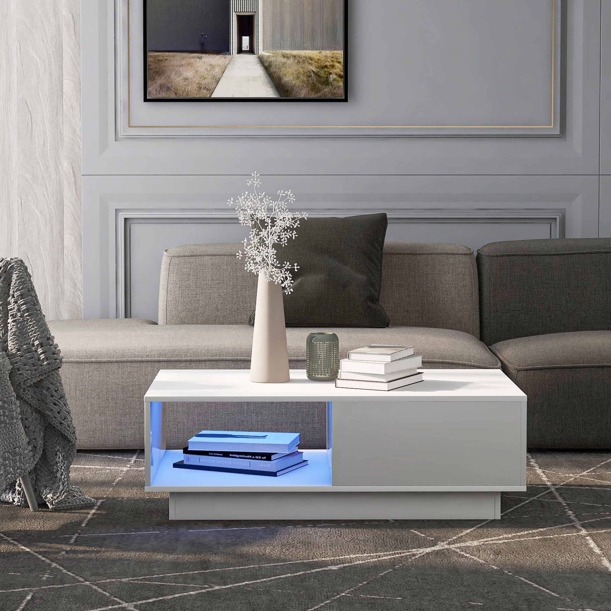 Coffee Table, Modern High Gloss Rectangular Living Room Table with LED Light, White