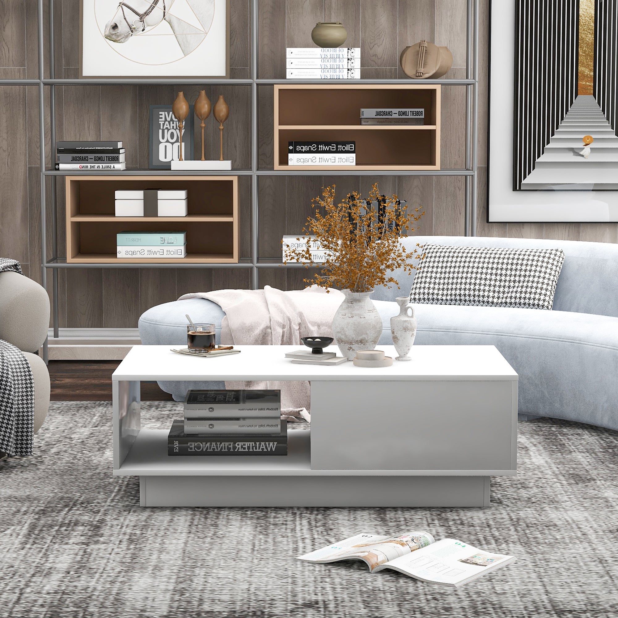 Coffee Table, Modern High Gloss Rectangular Living Room Table with LED Light, White