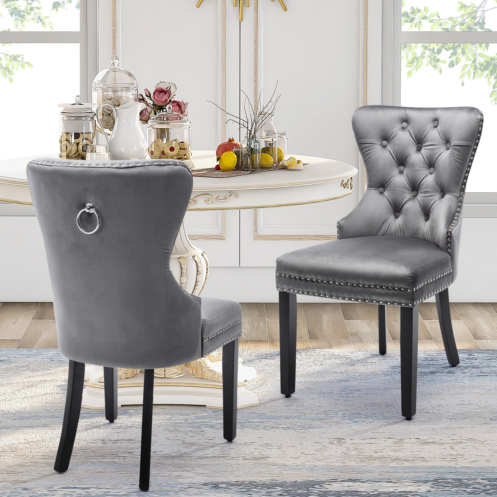Velvet Dining Chairs Set of 4 with OAK Legs, Button, Chrome Knocker, Nailhead Trim, Grey