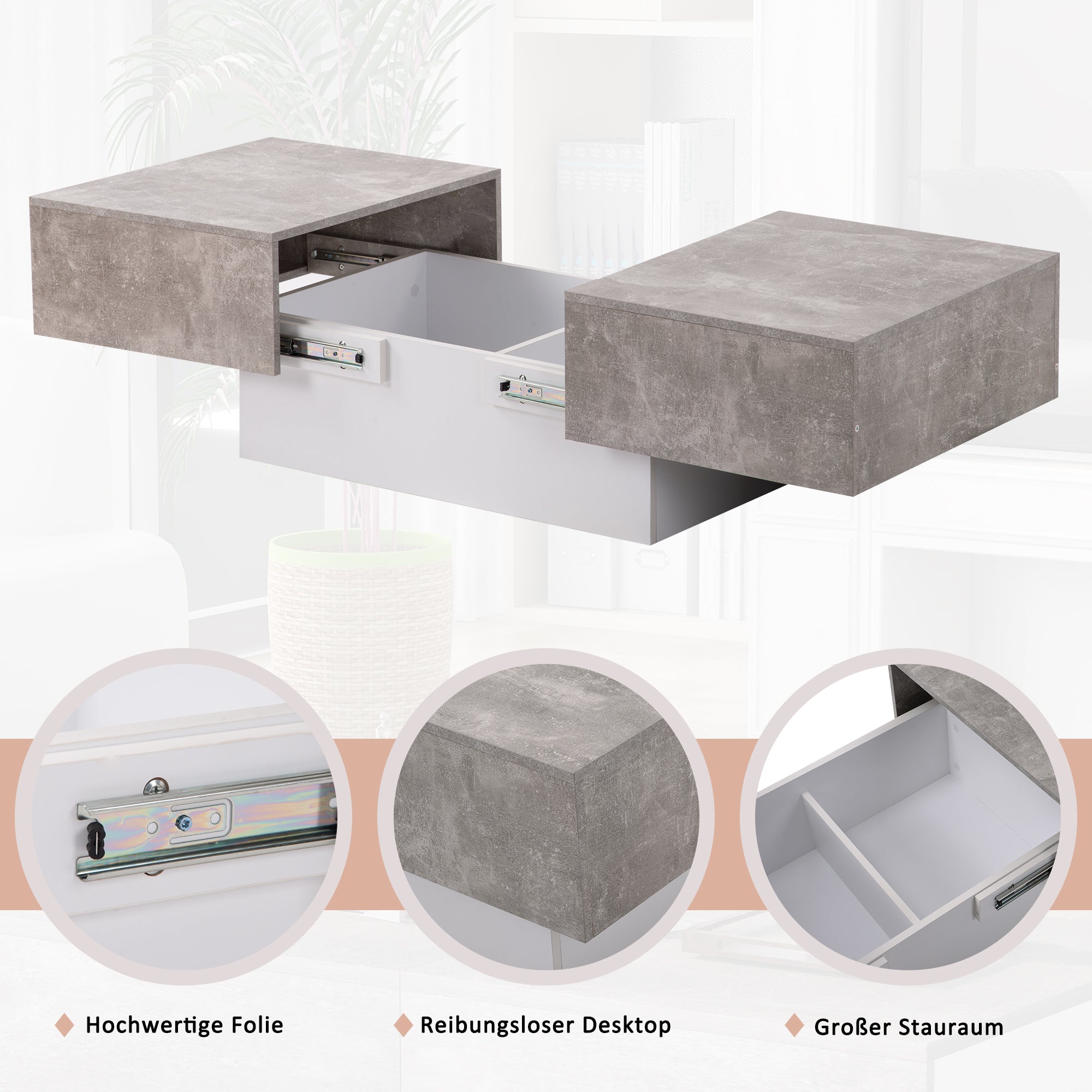 Universal Sofa Table, High Gloss with Extendable Table and Storage Space (Gray)