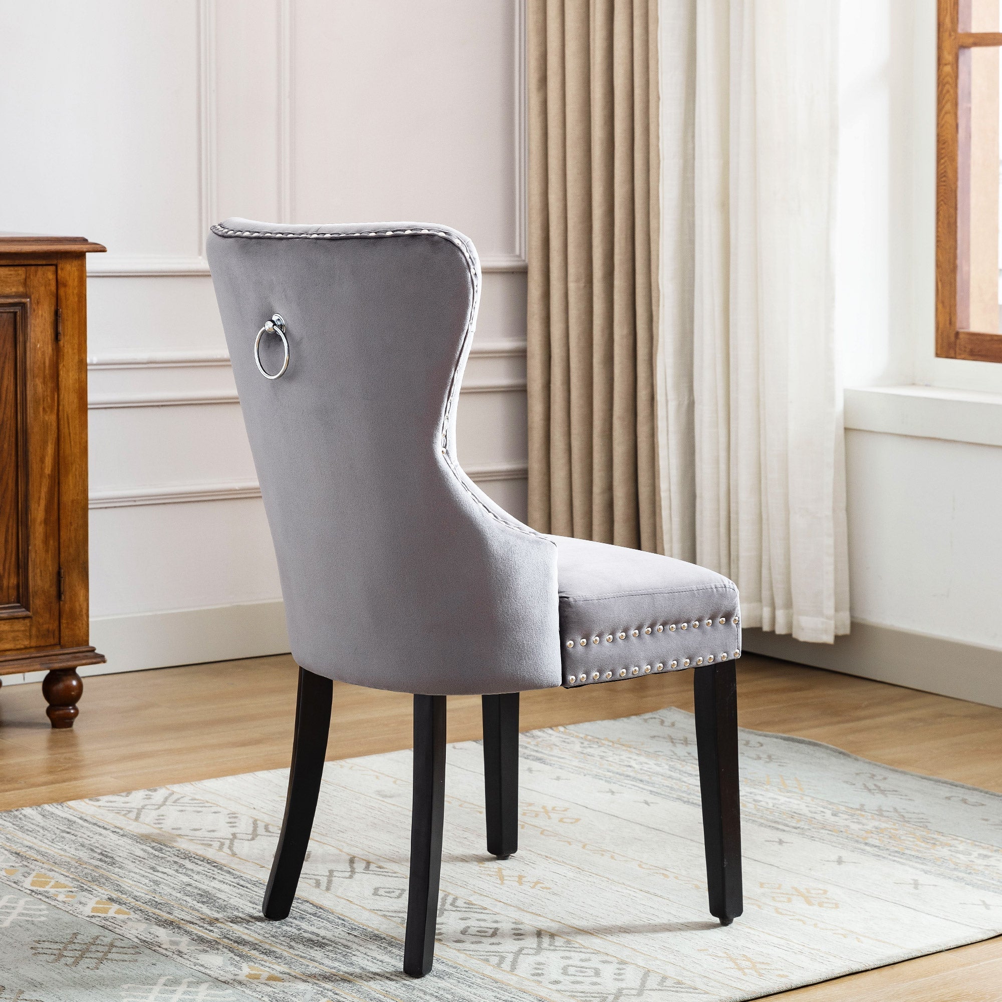 Velvet Dining Chairs, Set of 4, Oak Legs, Chrome Knocker, Nailhead Trim (Grey)