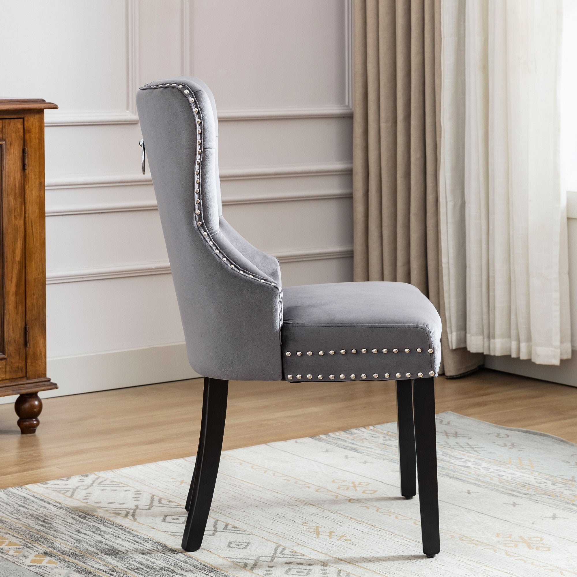 Velvet Dining Chairs, Set of 4, Oak Legs, Chrome Knocker, Nailhead Trim (Grey)