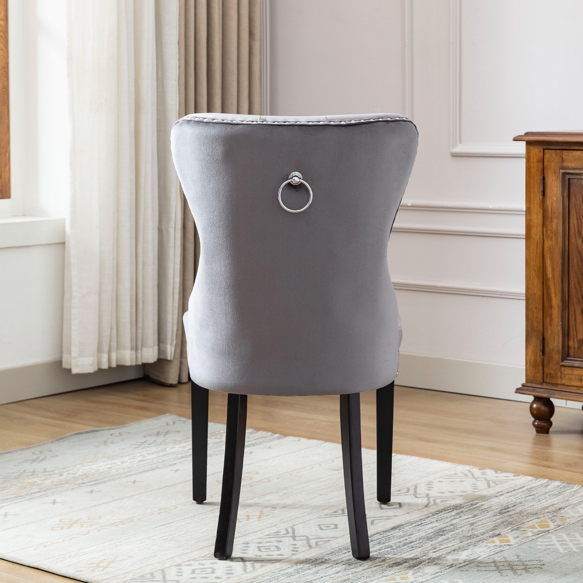 Velvet Dining Chairs Set of 2 with Oak Legs and Chrome Knocker, Grey Velvet