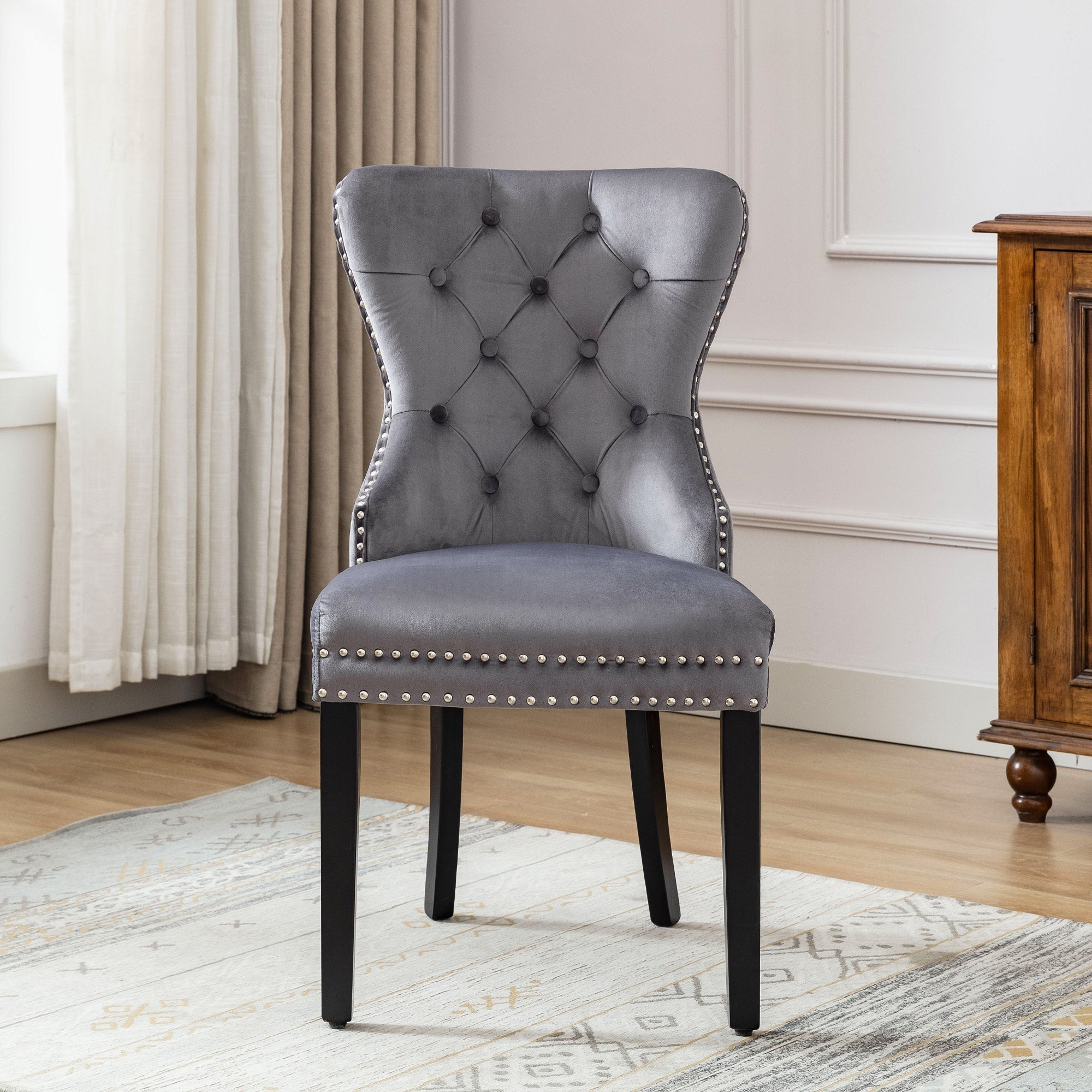 Velvet Dining Chairs Set of 2 with Oak Legs and Chrome Knocker, Grey Velvet