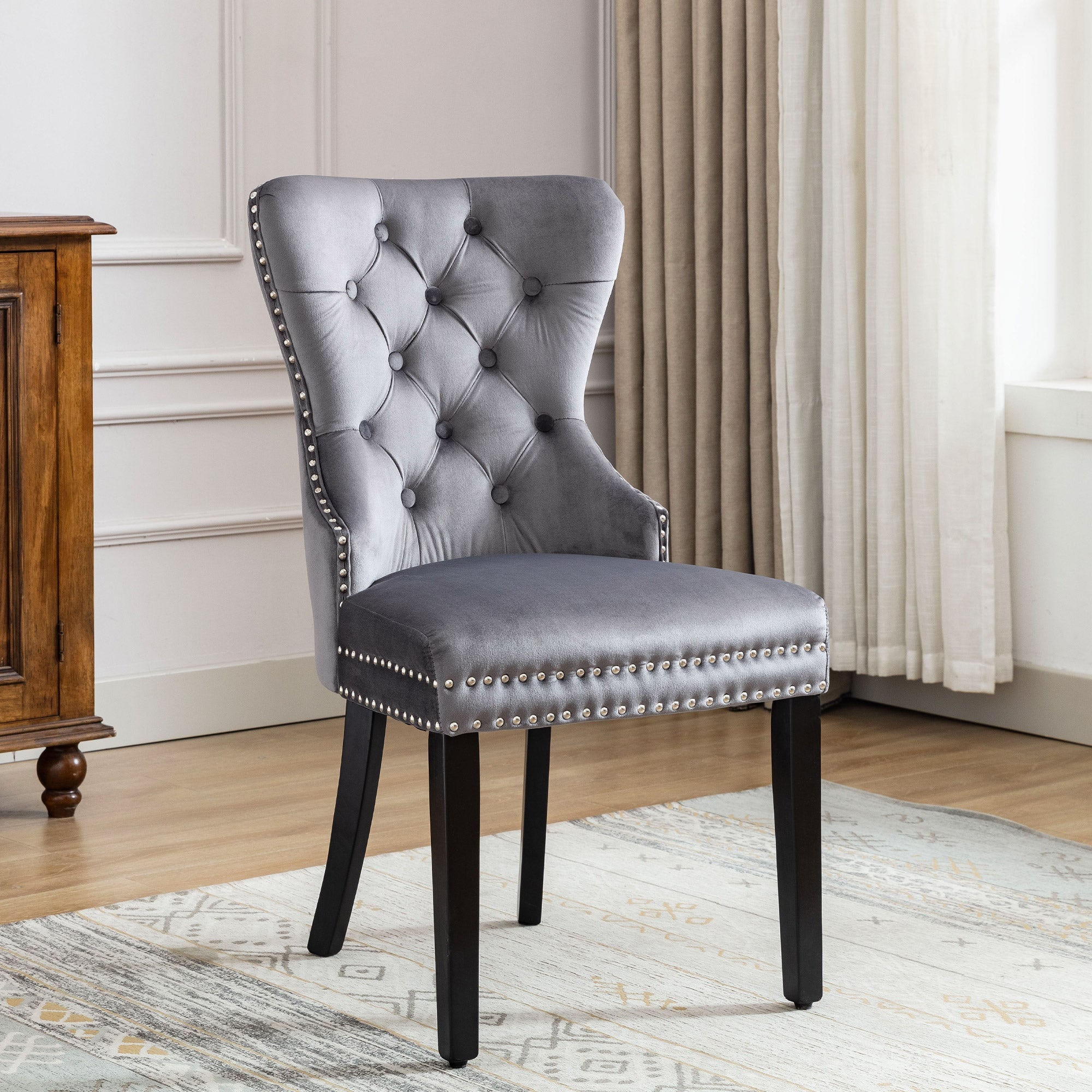 Velvet Dining Chairs Set of 6 with Oak Legs and Chrome Knocker, Grey Velvet