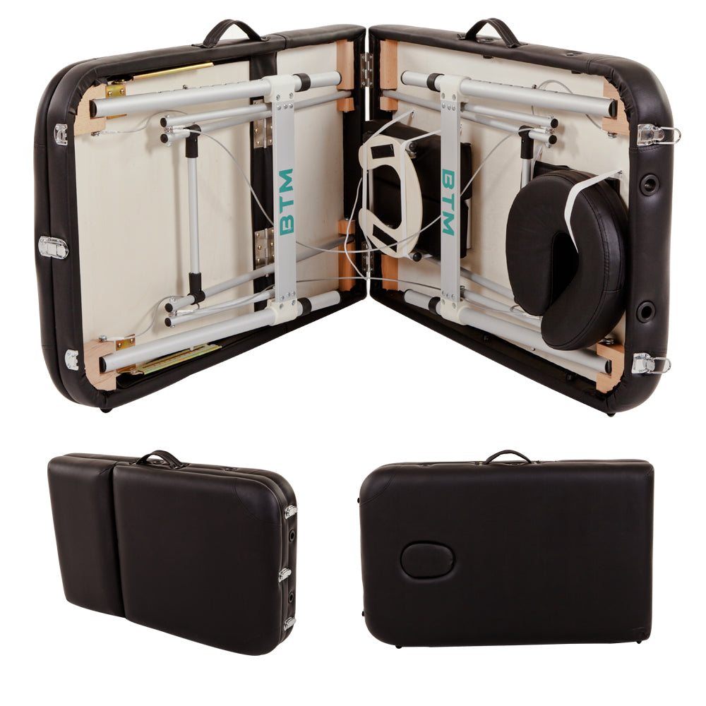 Massage Table Couch Bed Portable Folded 3 Section with Premium PU Leather and 5 cm High Density Multi-Layer Foam, Headrest, Arm Support and Carrying Bag Black