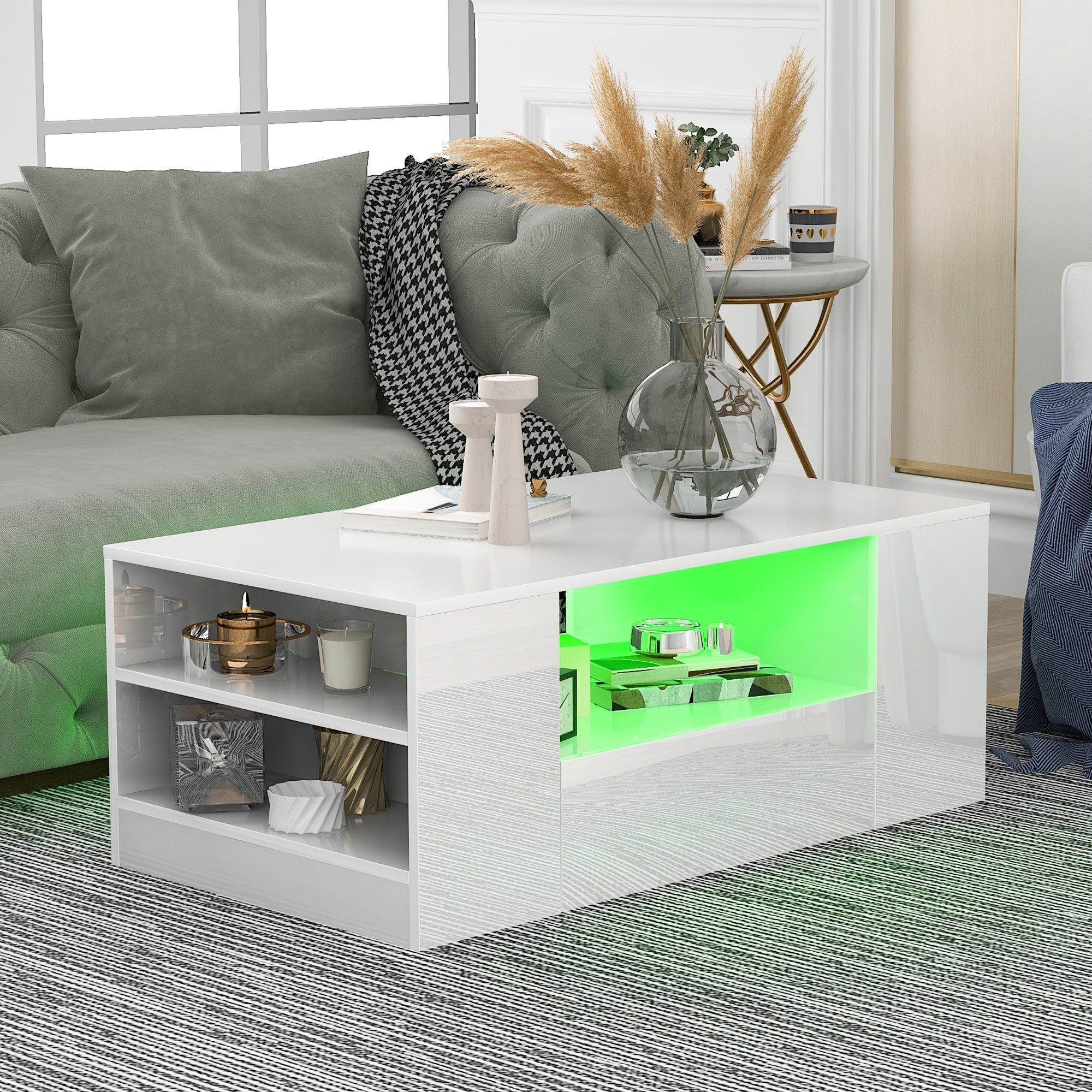 Modern High-Gloss Coffee Table with 2 Drawers and 2 Shelves, White