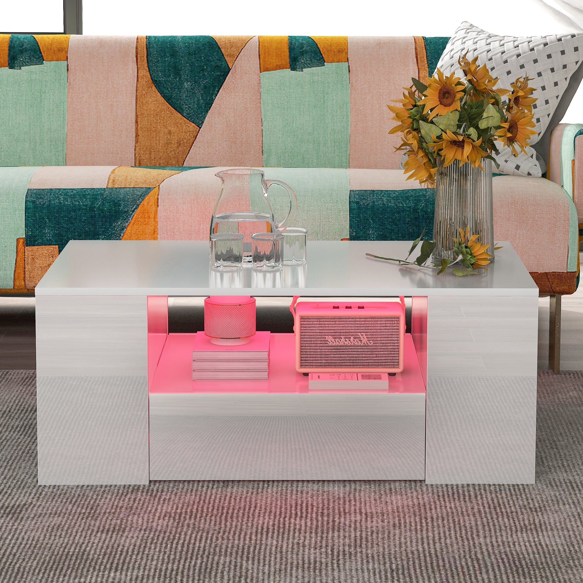 Modern High-Gloss Coffee Table with 2 Drawers and 2 Shelves, White