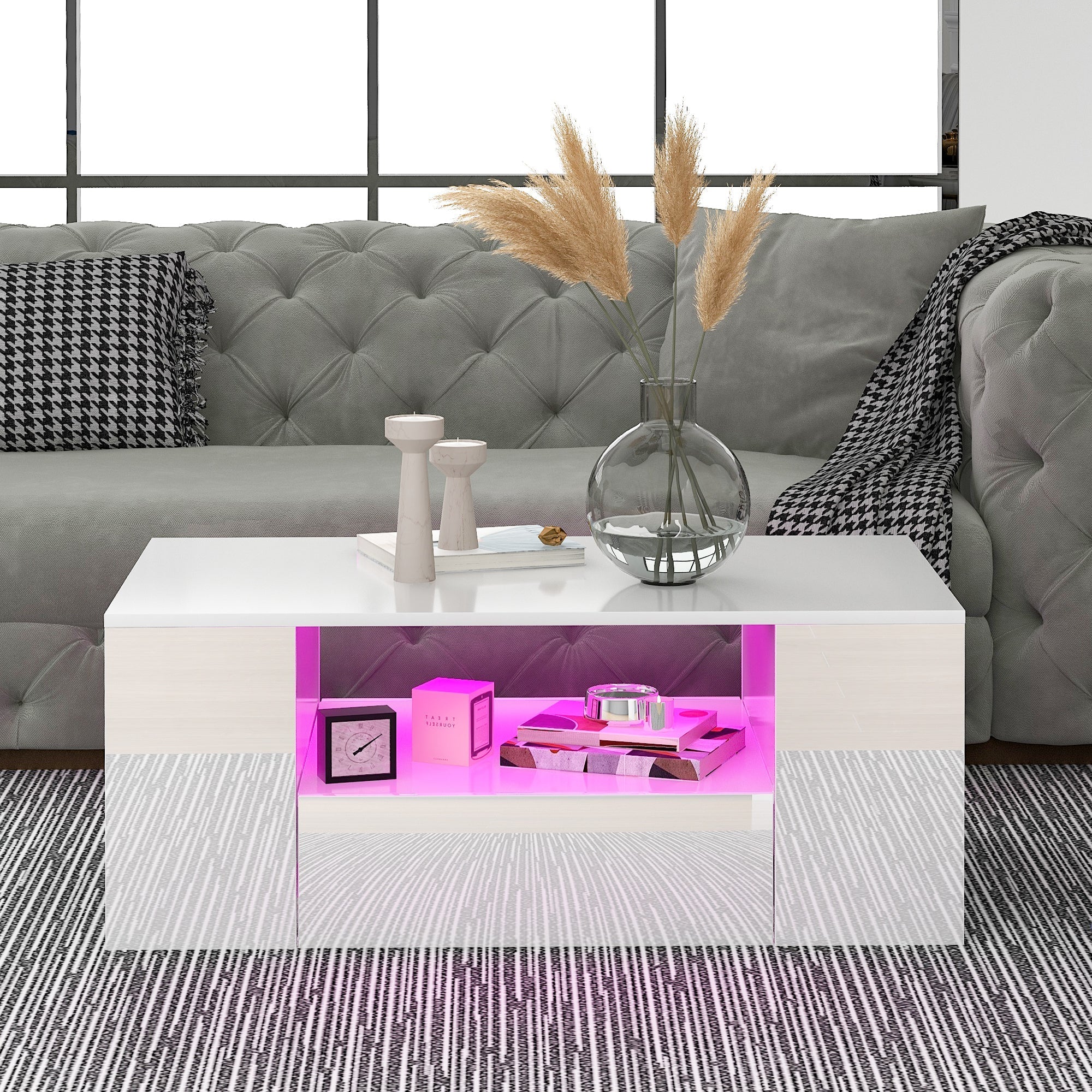 Modern High-Gloss Coffee Table with 2 Drawers and 2 Shelves, White