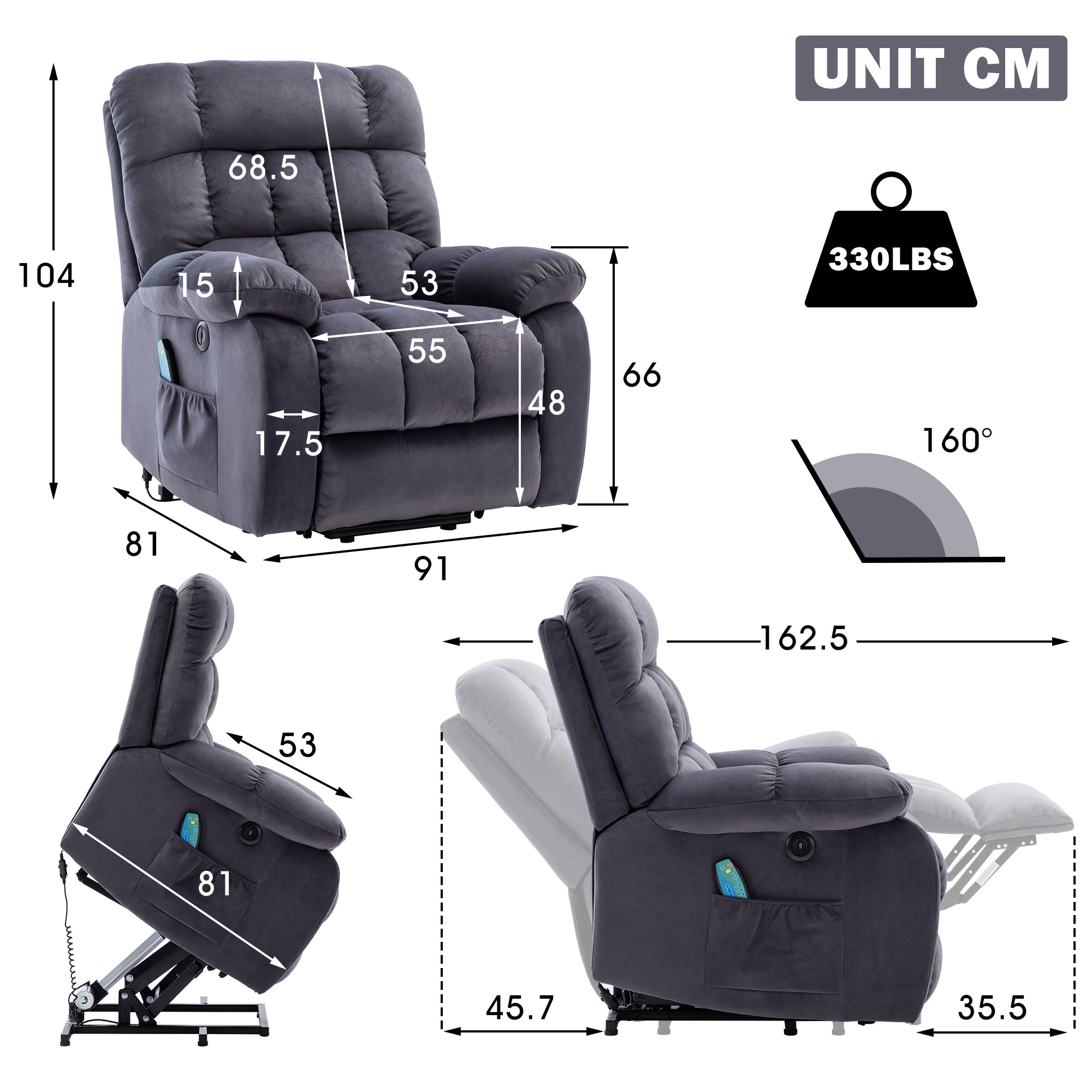 Electric Power Lift Recliner Chair Sofa with Massage, Heat, USB Ports & Pockets, for Elderly, Breathable Fabric