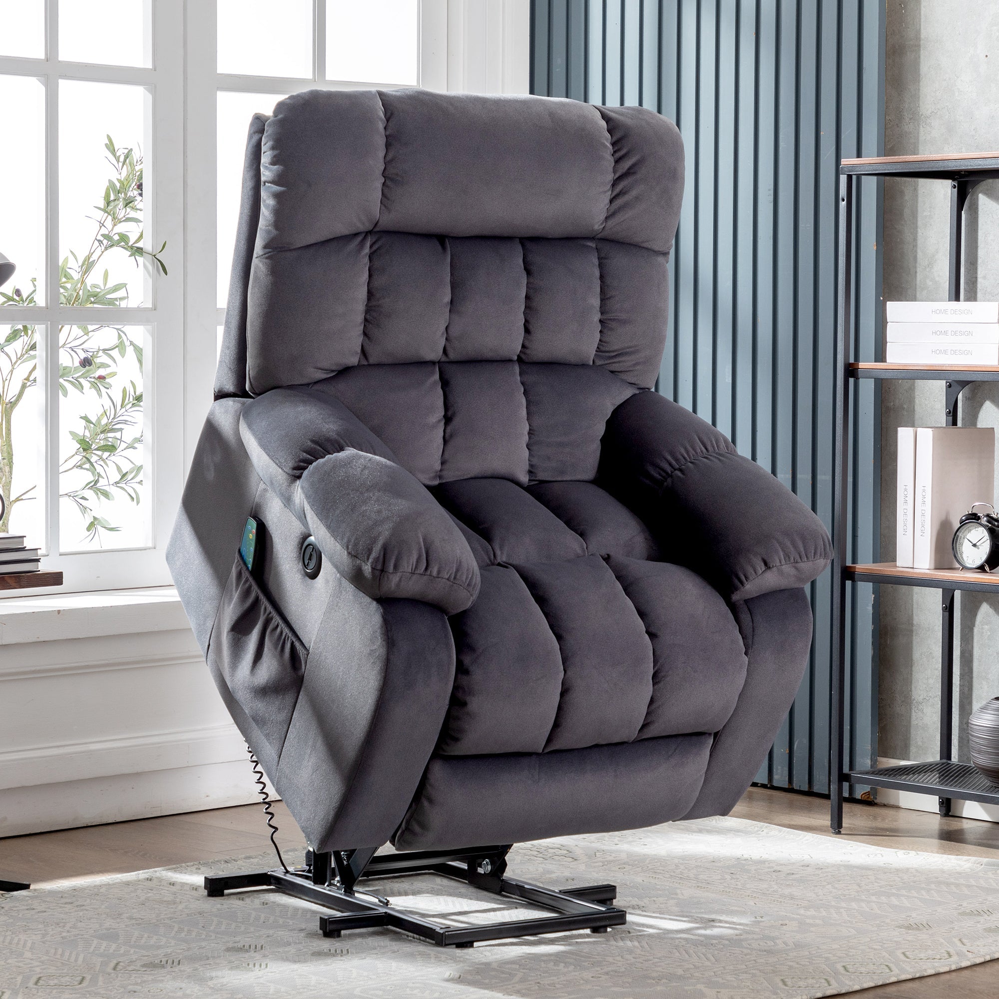 Electric Power Lift Recliner Chair Sofa with Massage, Heat, USB Ports & Pockets, for Elderly, Breathable Fabric