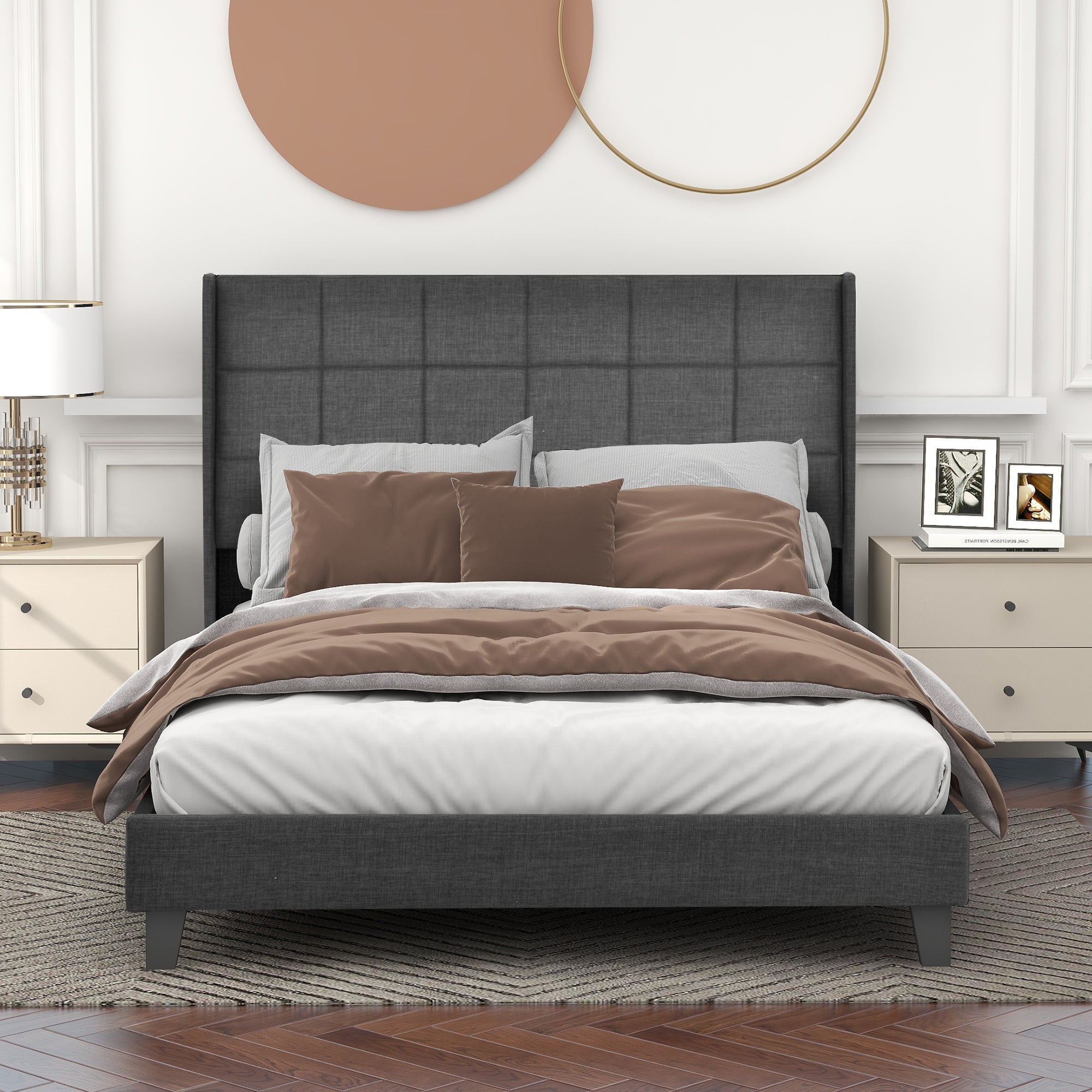 Upholstered Bed, Double with Slatted Frame, 140x200cm, Grey Linen (with Spring Mattress)