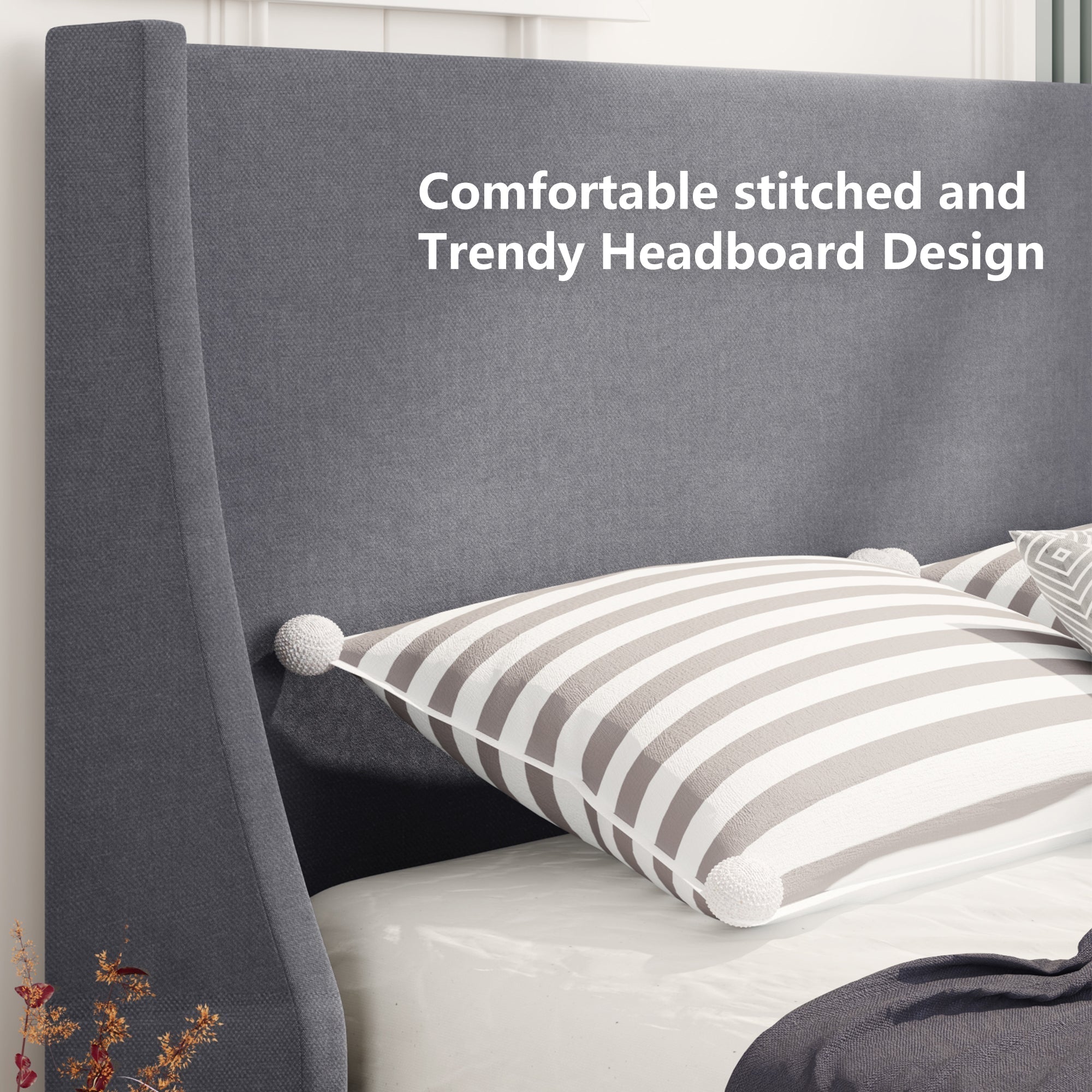 3ft Single Upholstered Bed in Soft Grey Linen with Winged Headboard & Slatted Base
