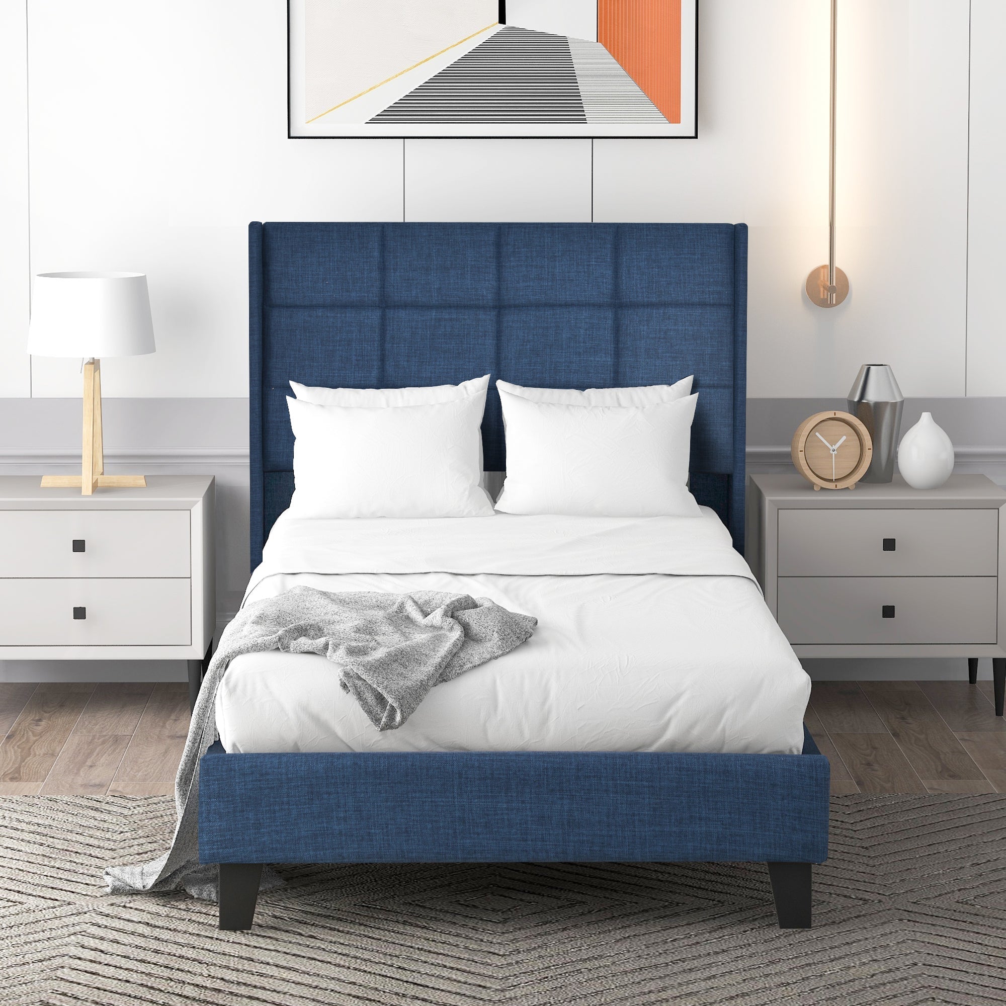 Upholstered bed with headboard, single, 90x200cm, with spring mattress, blue linen
