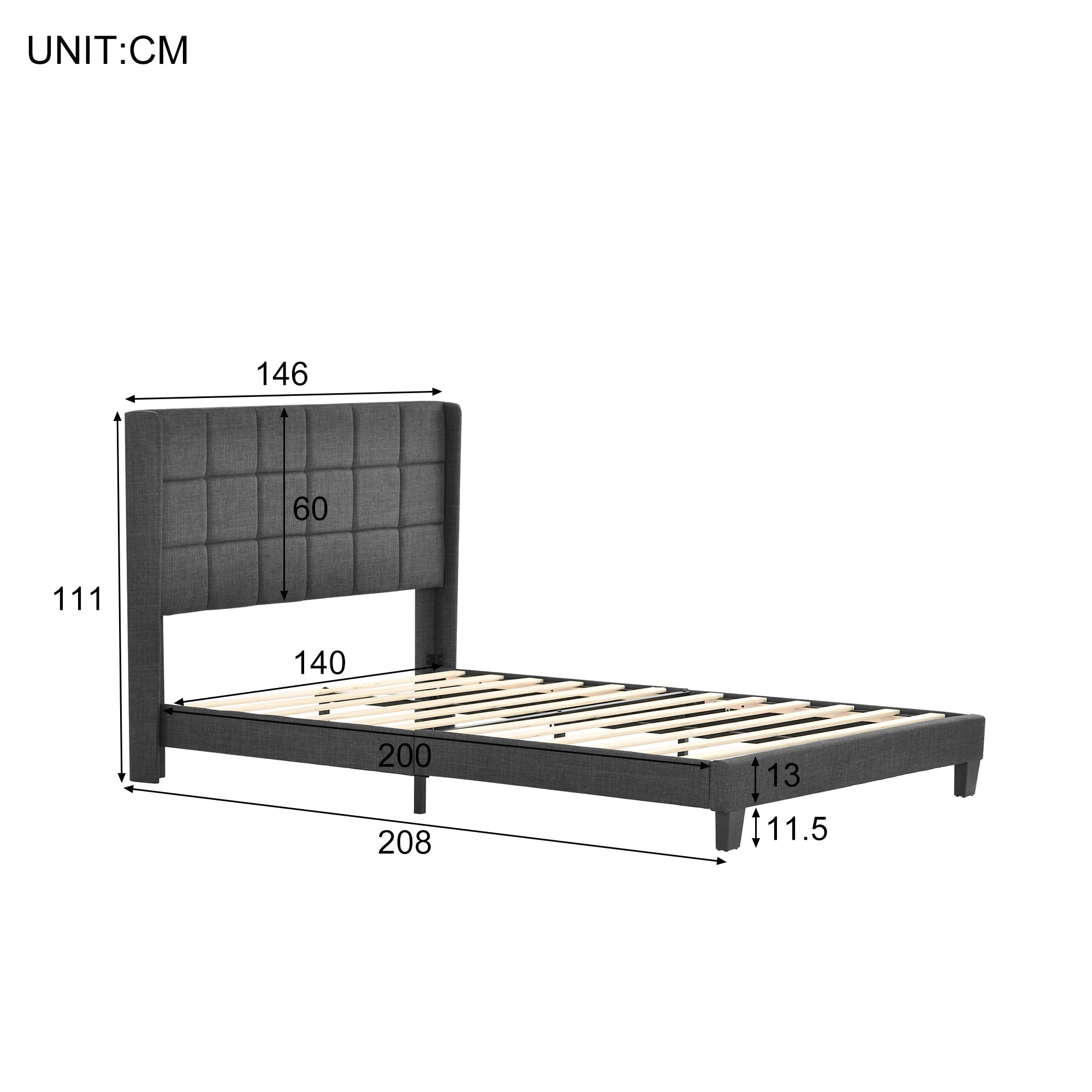 Upholstered Bed, Double with Slatted Frame, 140x200cm, Grey Linen (with Spring Mattress)