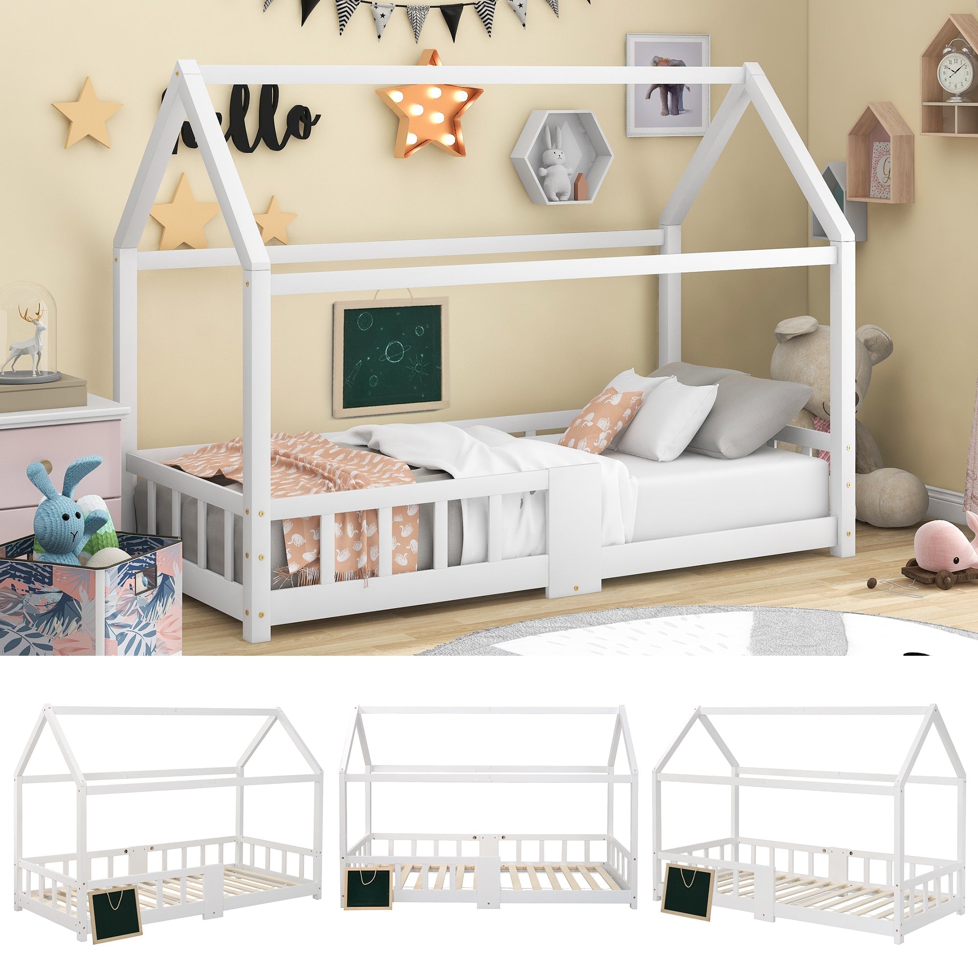Children's House Bed 90 x 200 cm, with Blackboard & Slatted Frame, White Pinewood