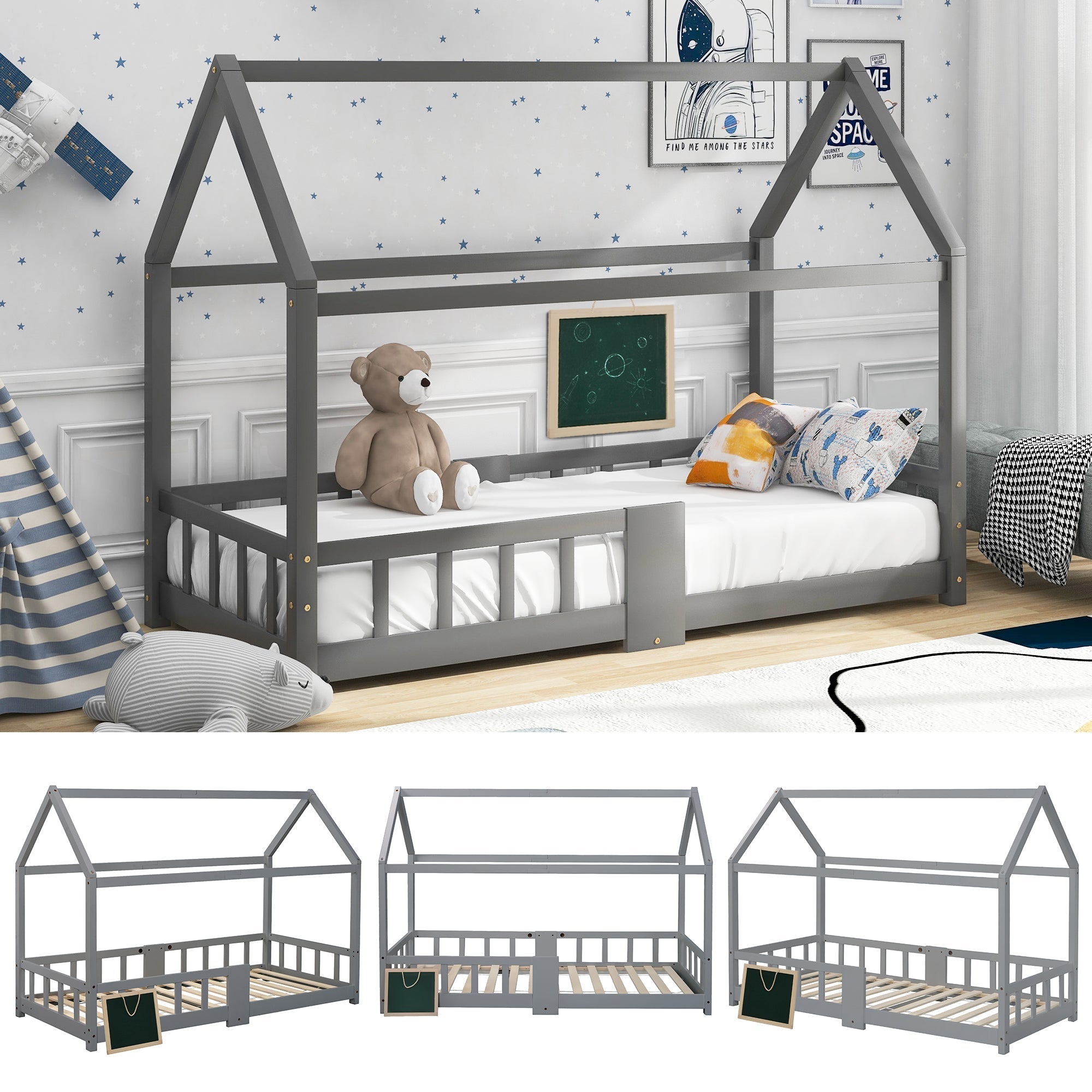 Children's House Bed 90x200cm Chalkboard Slatted Base Safety Rail Pine Wood, Grey