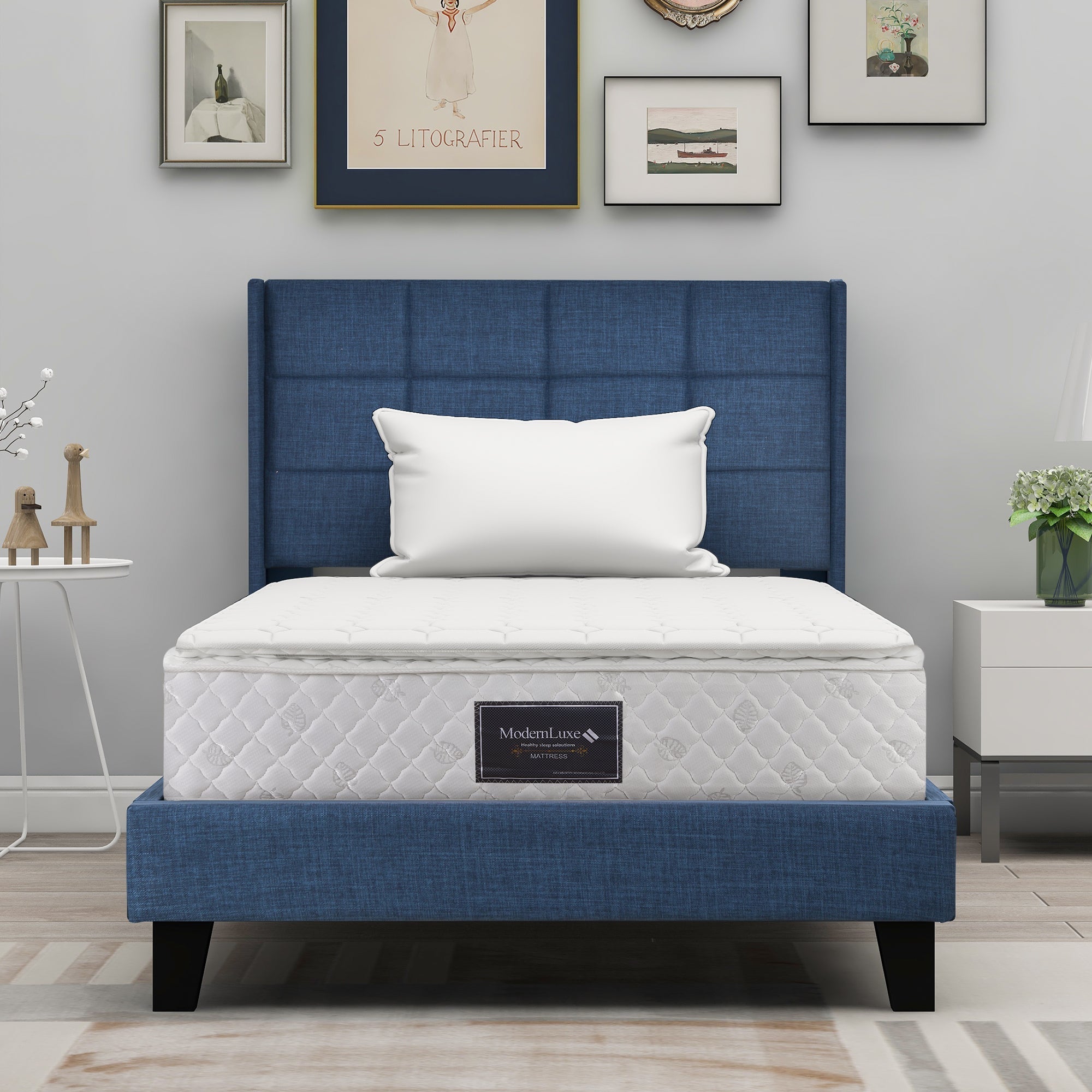 Upholstered bed with headboard, single, 90x200cm, with spring mattress, blue linen
