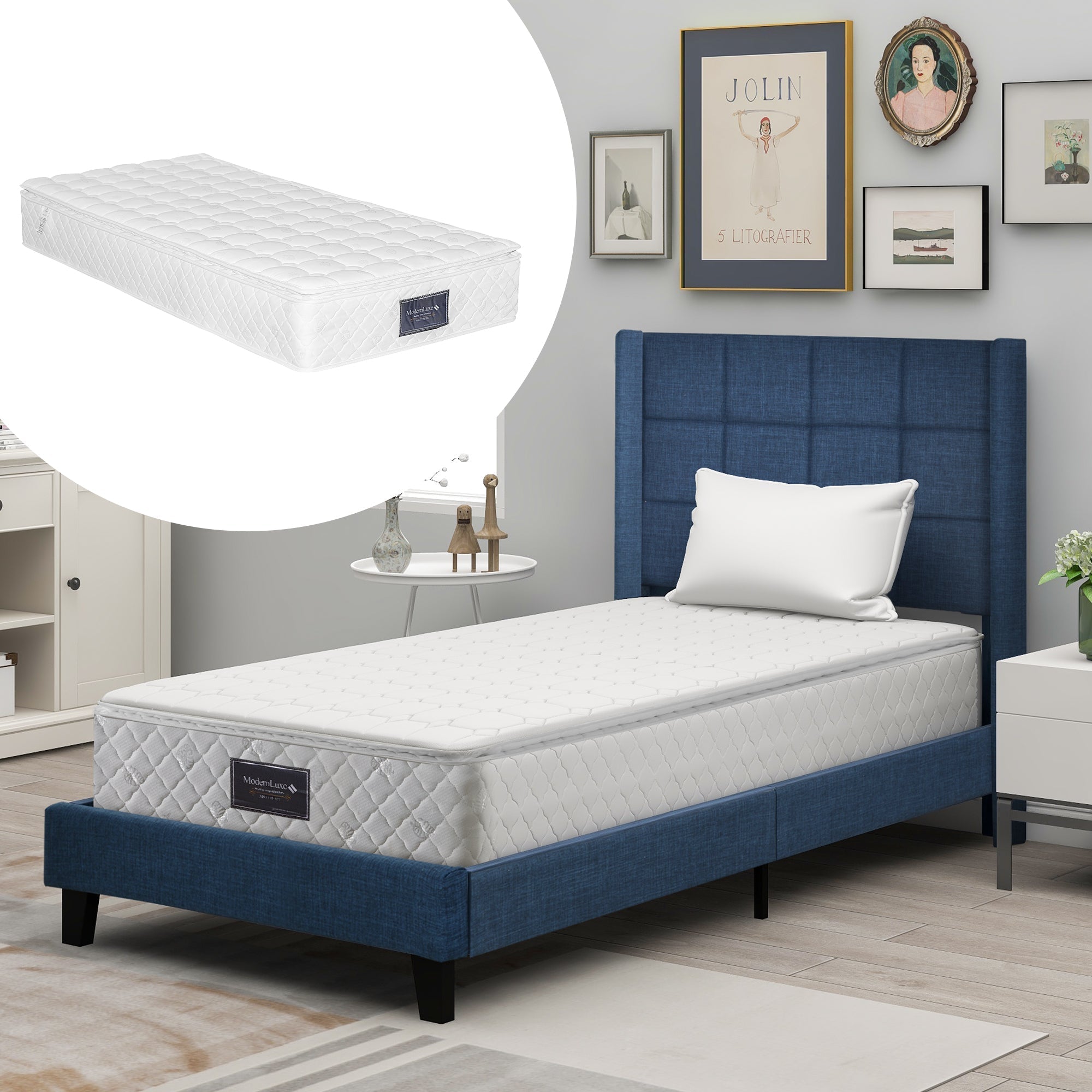 Upholstered bed with headboard, single, 90x200cm, with spring mattress, blue linen