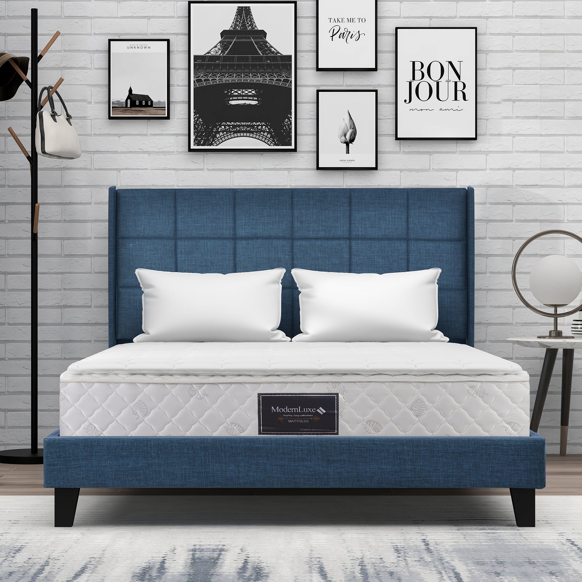 Upholstered Bed with Headboard, 140x200cm, Blue Linen