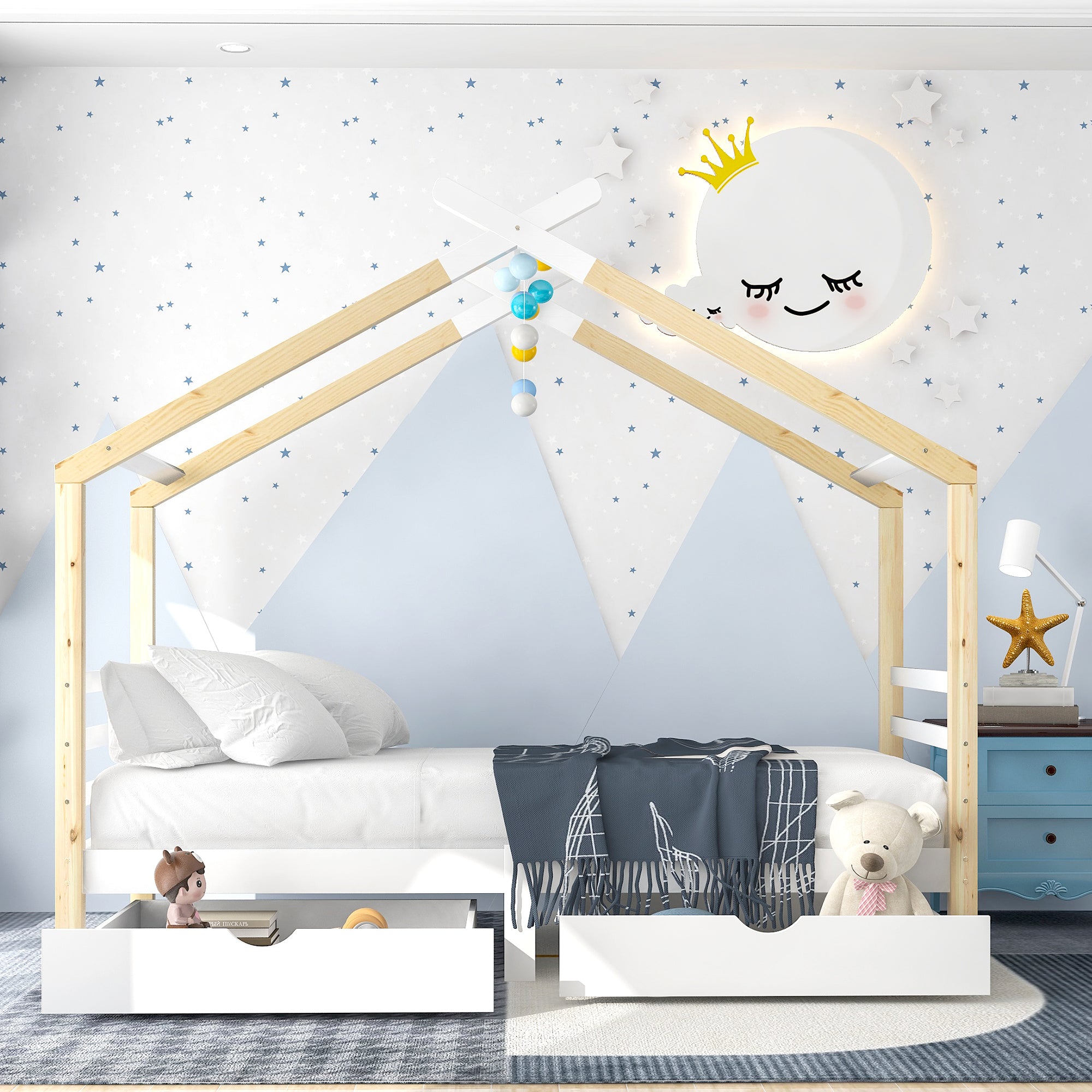Children's Bed House Bed with Drawers, Solid Pine Wood, White + Wood Color