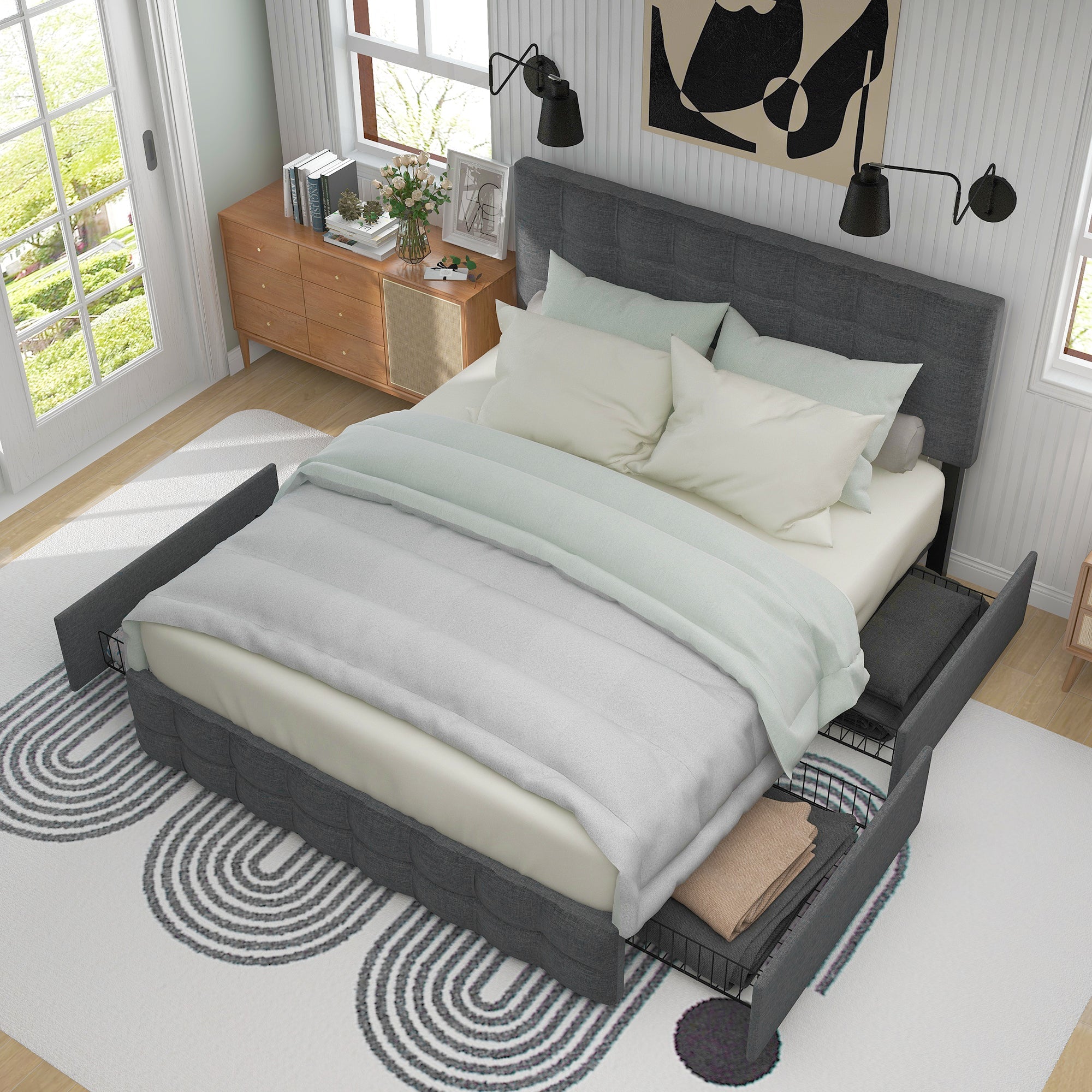 Upholstered Double Bed with 4 Drawers, Adjustable Headboard and Mattress, 140x200cm, Grey Linen
