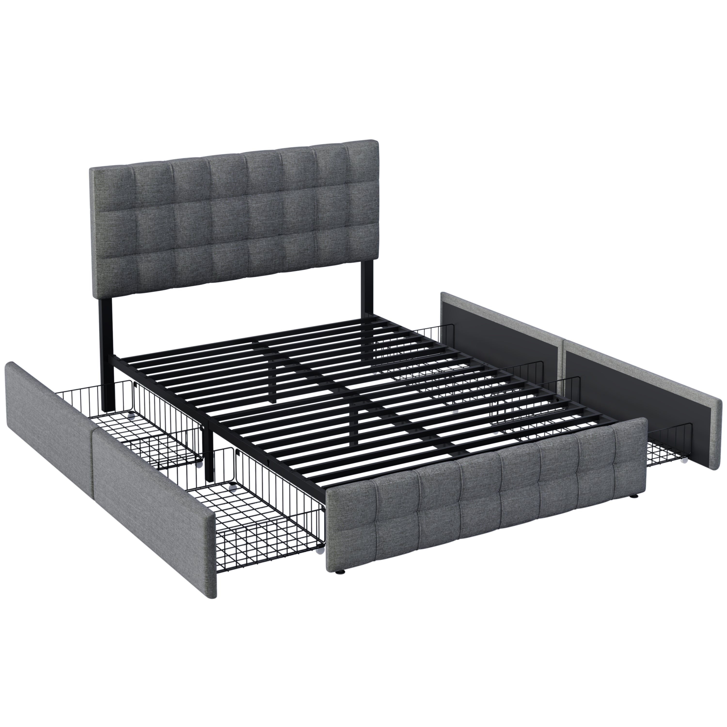 Upholstered Bed, 4 Drawers, Adjustable Headboard, Double, Grey Linen