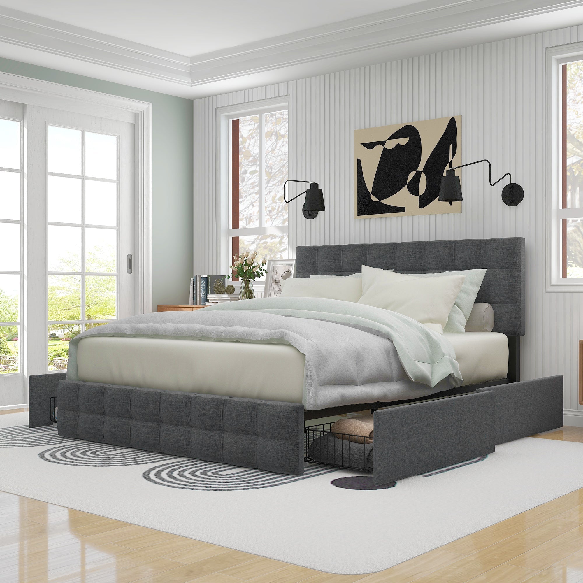 Upholstered Double Bed with 4 Drawers, Adjustable Headboard and Mattress, 140x200cm, Grey Linen