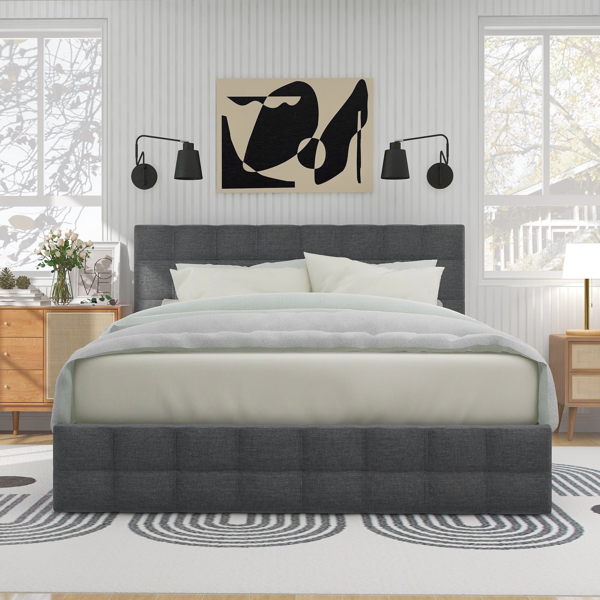 Upholstered Double Bed with 4 Drawers, Adjustable Headboard and Mattress, 140x200cm, Grey Linen