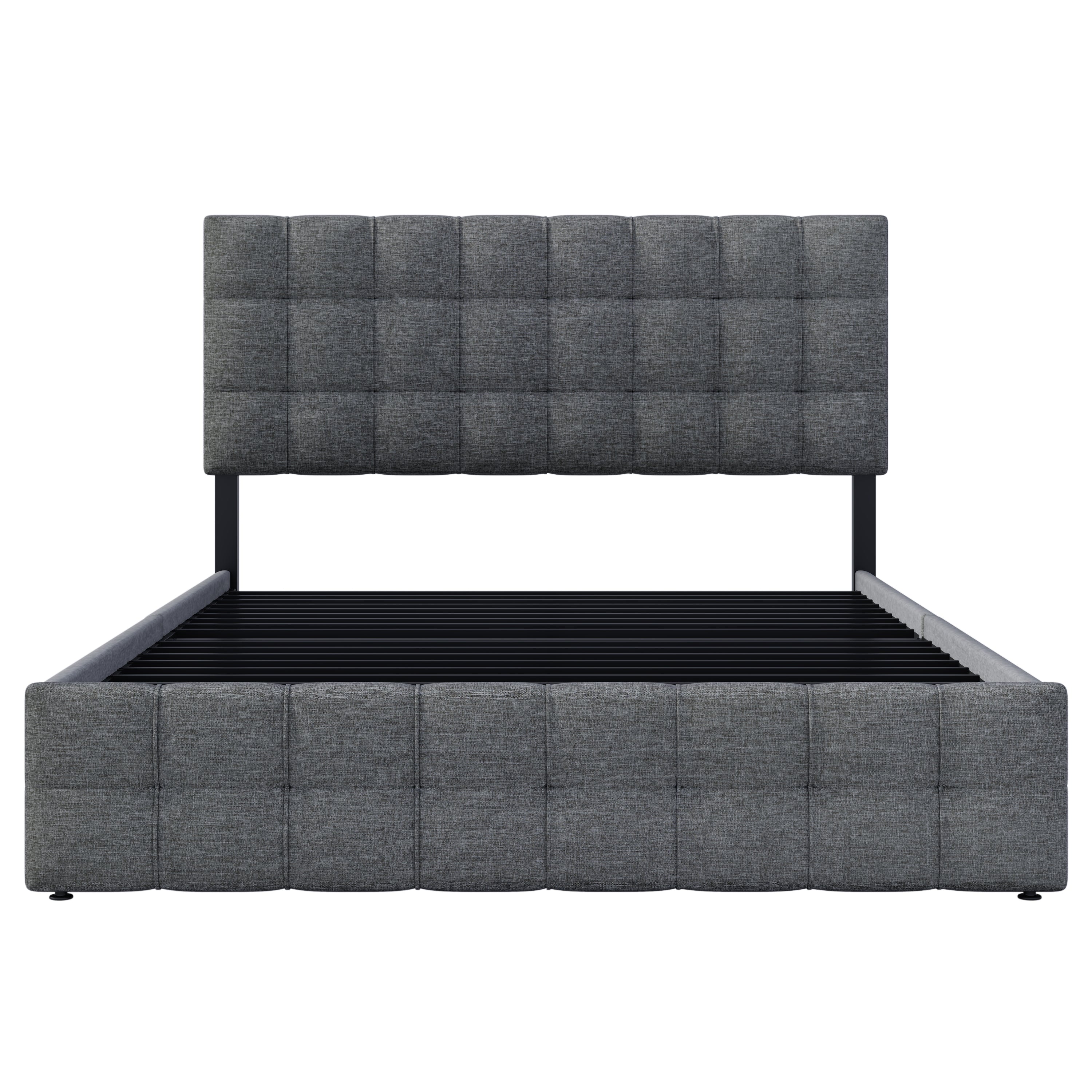 Upholstered Bed 140x200cm Storage, 4 Drawers, Adjustable Headboard, Linen Grey