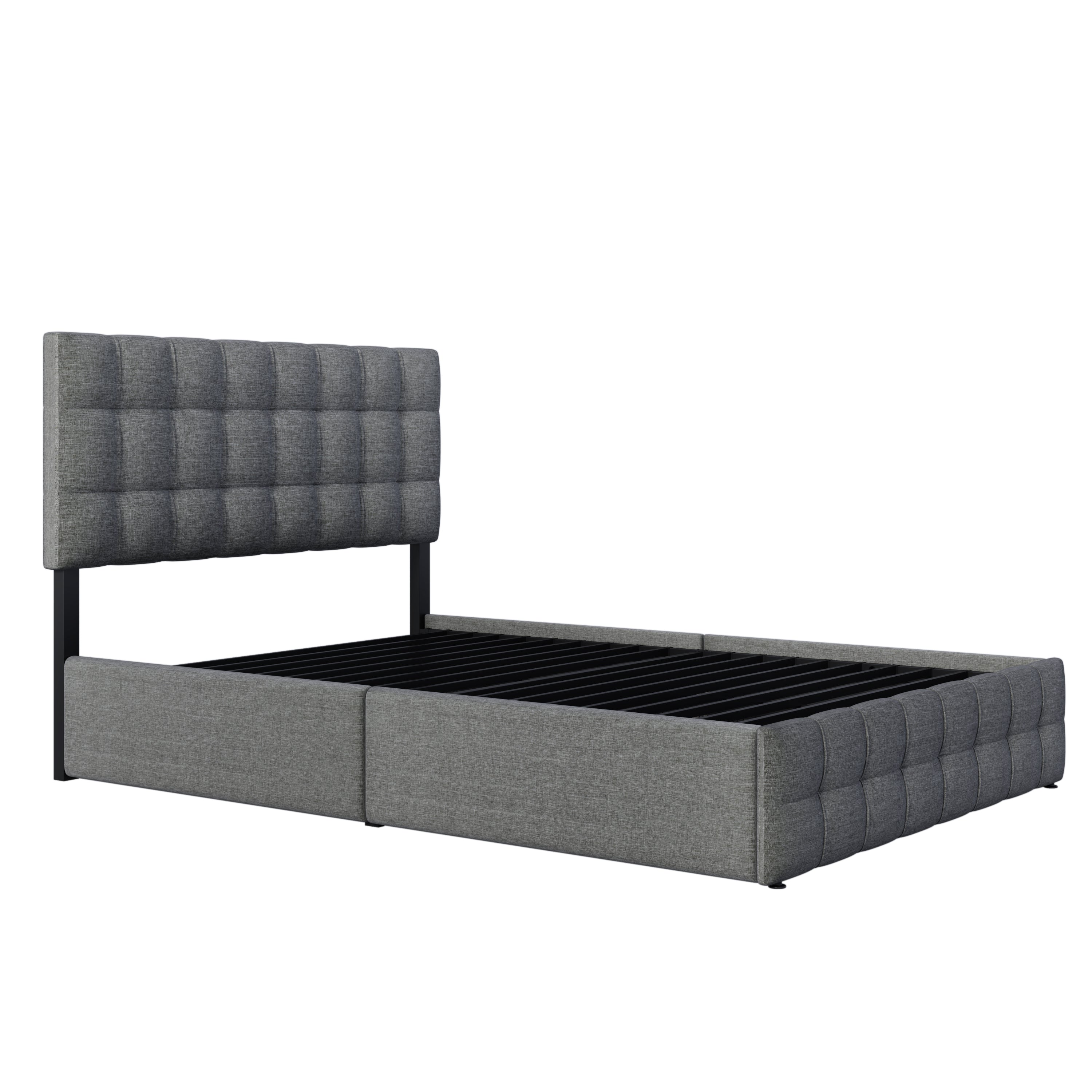 Upholstered Bed, 4 Drawers, Adjustable Headboard, Double, Grey Linen