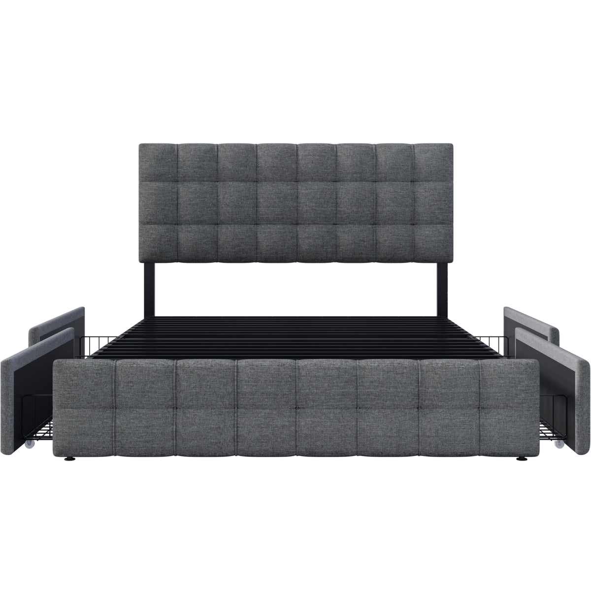 Upholstered Bed 140x200cm Storage, 4 Drawers, Adjustable Headboard, Linen Grey