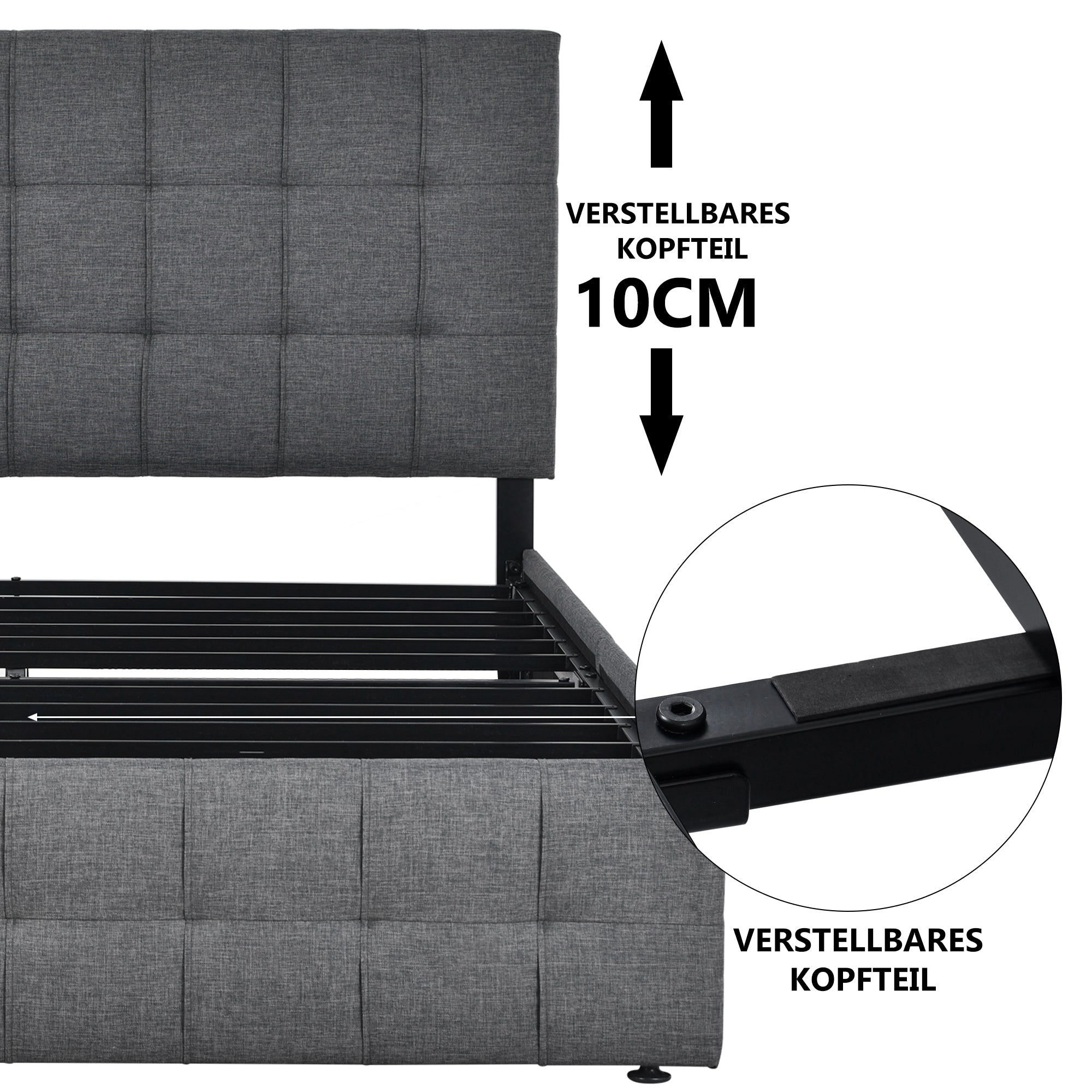 Upholstered Double Bed with 4 Drawers, Adjustable Headboard and Mattress, 140x200cm, Grey Linen