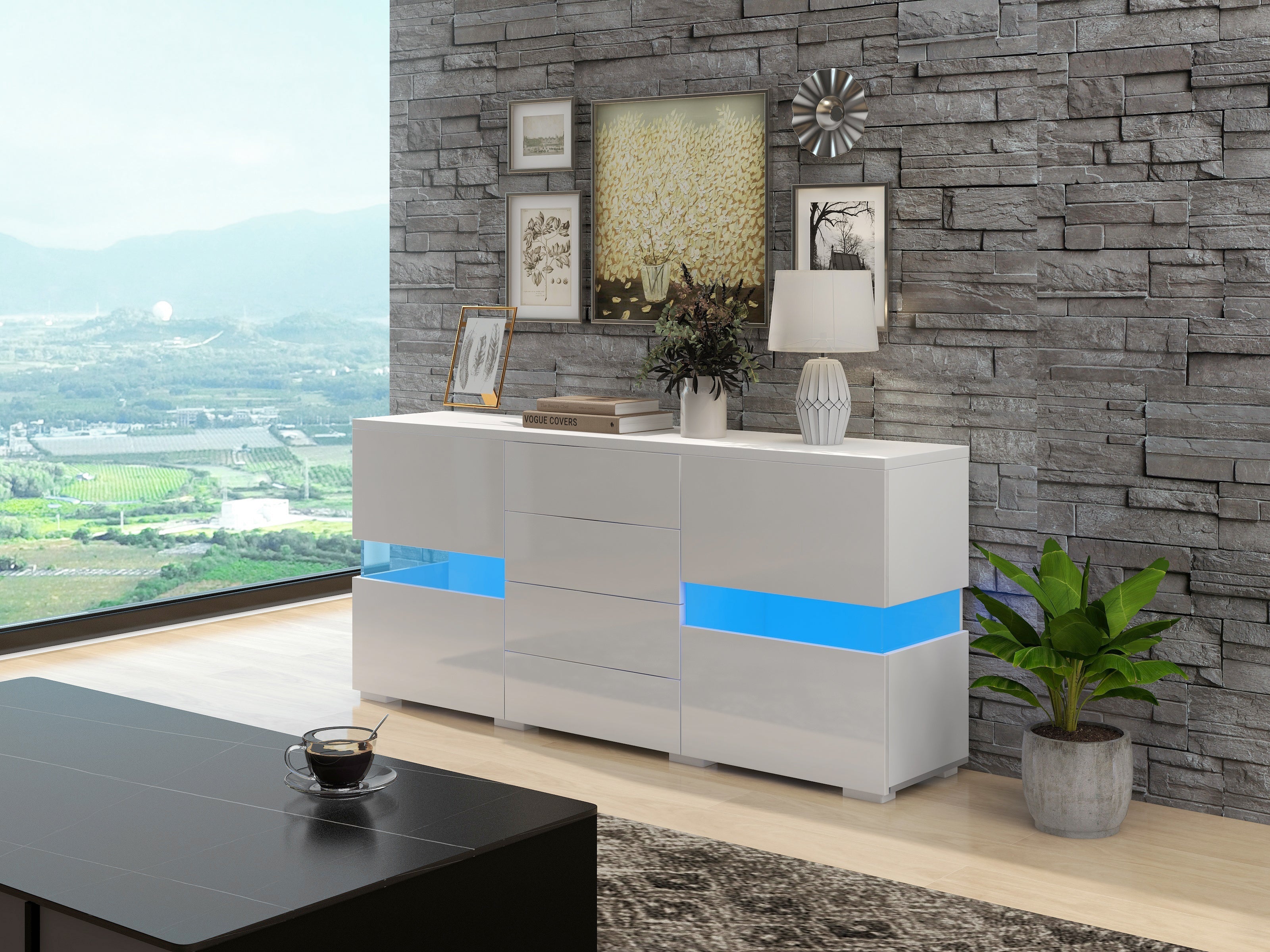 Sideboard Cabinet Storage Cupboard Unit with LED Lights for Dining Room Living Room, Matt & High Gloss White