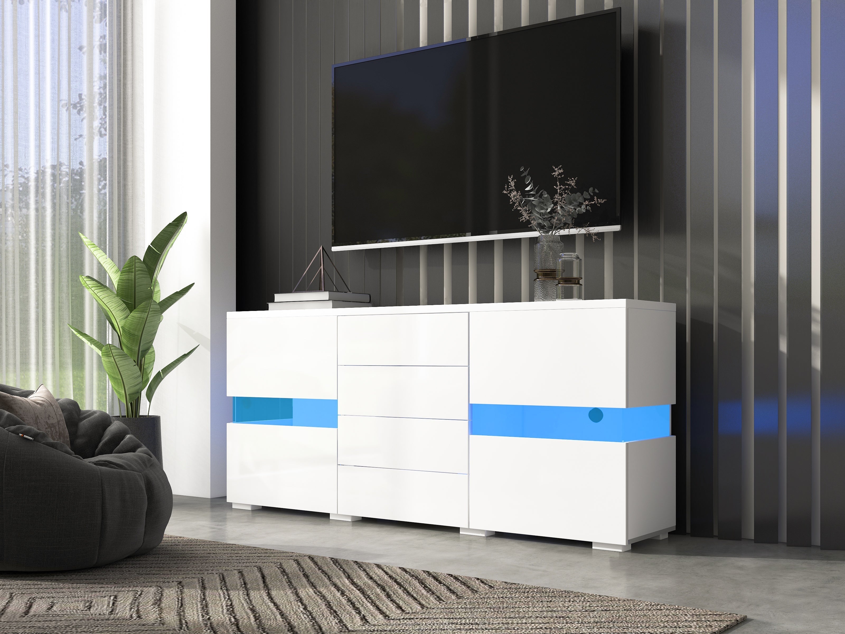 Sideboard Cabinet Storage Cupboard Unit with LED Lights for Dining Room Living Room, Matt & High Gloss White