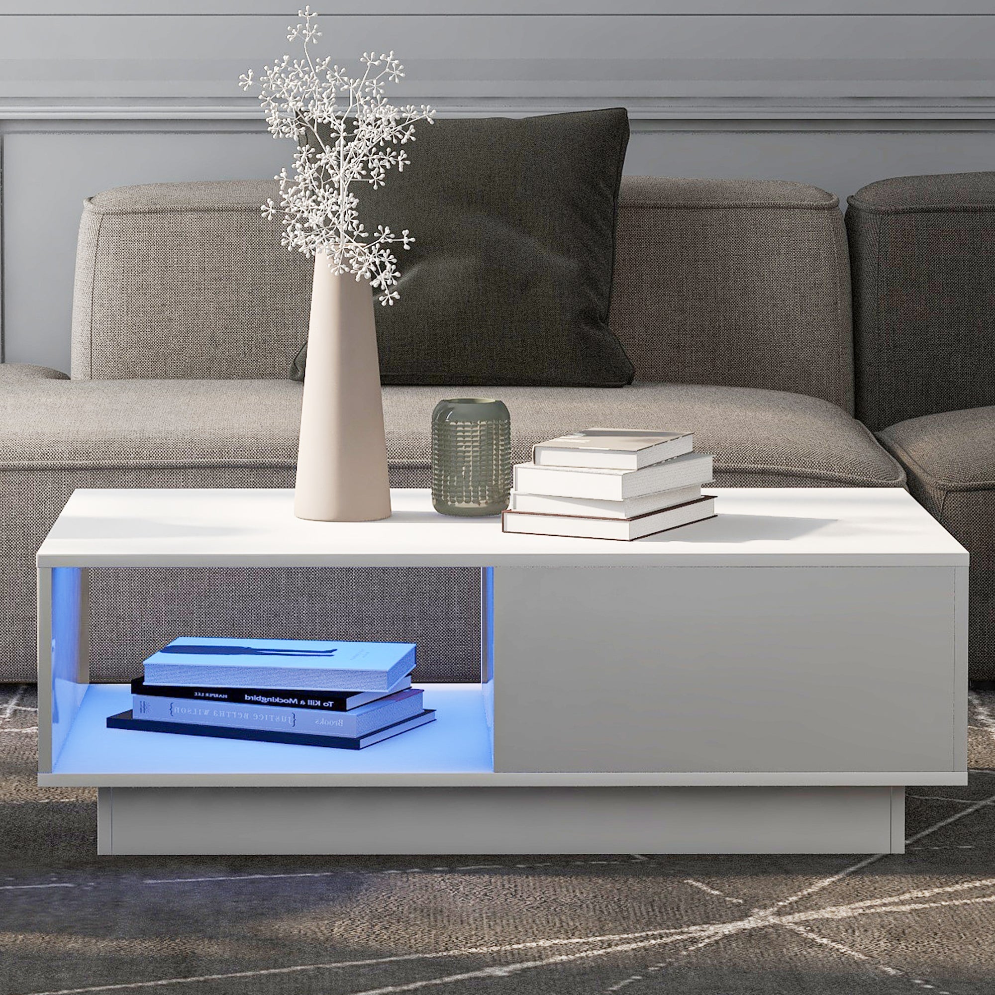 Coffee Table, Modern High Gloss Rectangular Living Room Table with LED Light, White