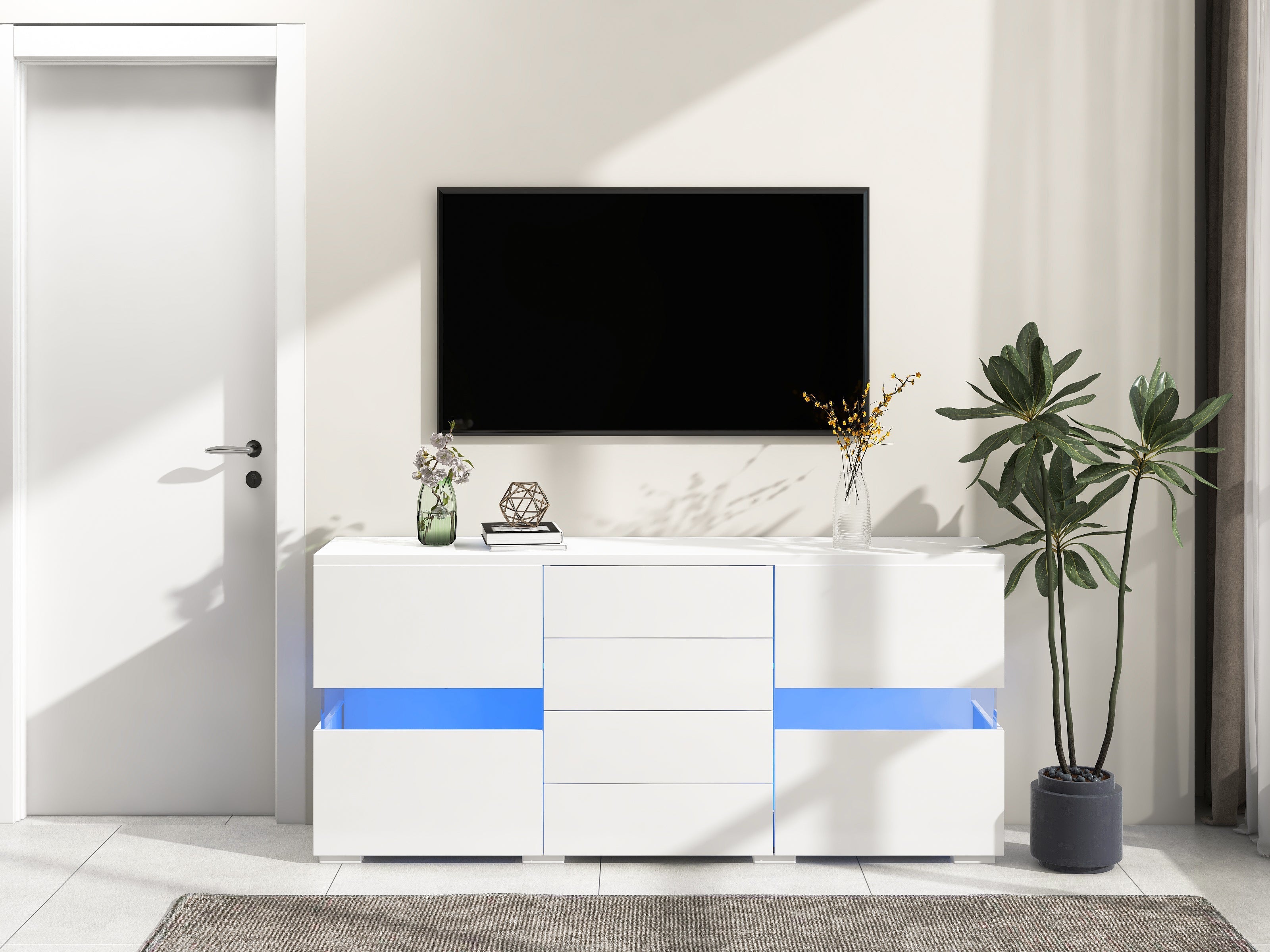 Sideboard Cabinet Storage Cupboard Unit with LED Lights for Dining Room Living Room, Matt & High Gloss White