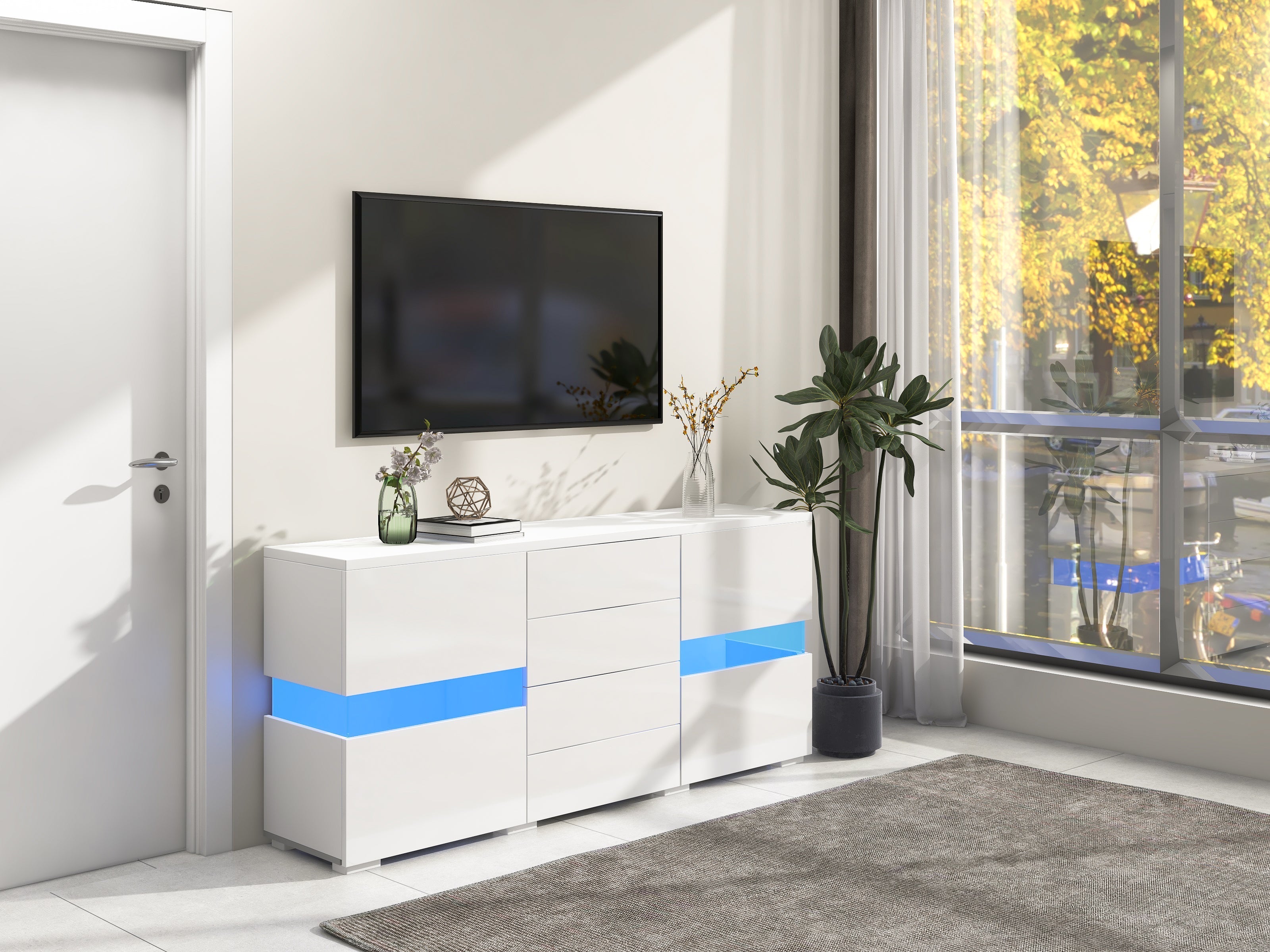 Sideboard Cabinet Storage Cupboard Unit with LED Lights for Dining Room Living Room, Matt & High Gloss White