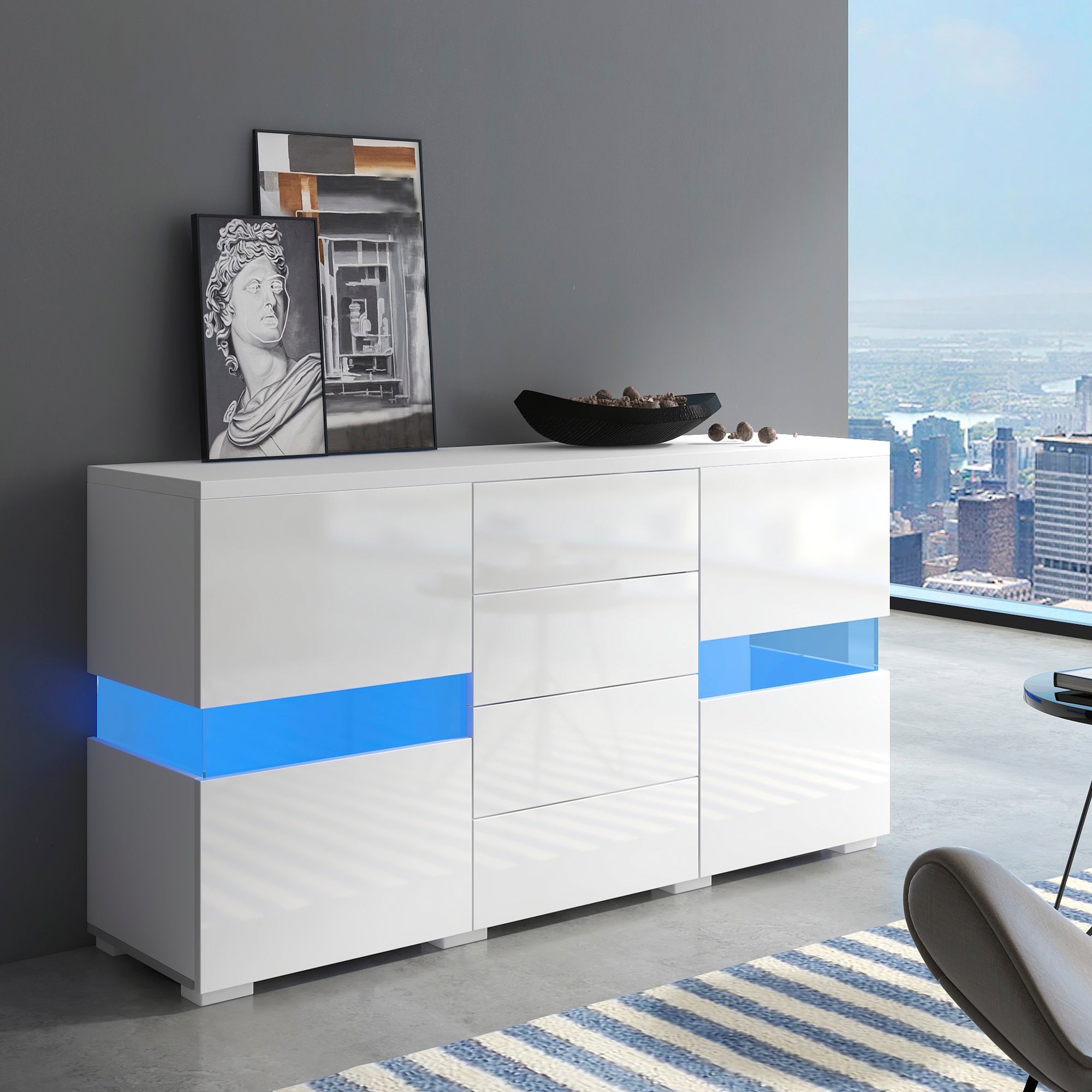 Sideboard Cabinet Storage Cupboard Unit with LED Lights for Dining Room Living Room, Matt & High Gloss White