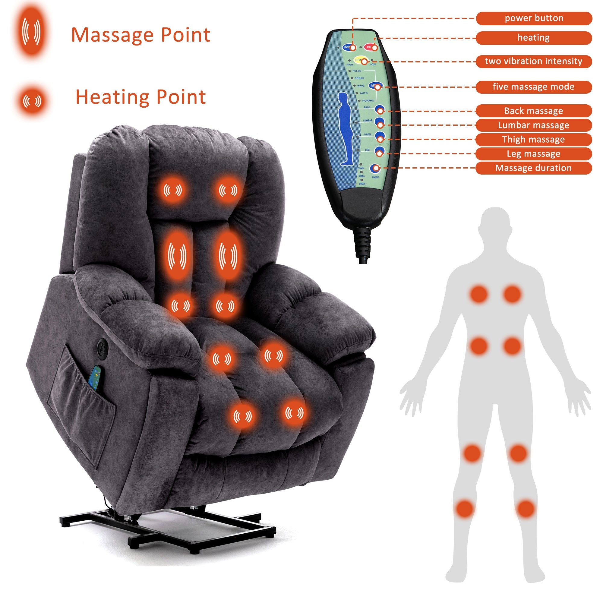Power Massage Lift Recliner Chair, Heat & Vibration for Elderly, Antiskid Fabric Overstuffed Design