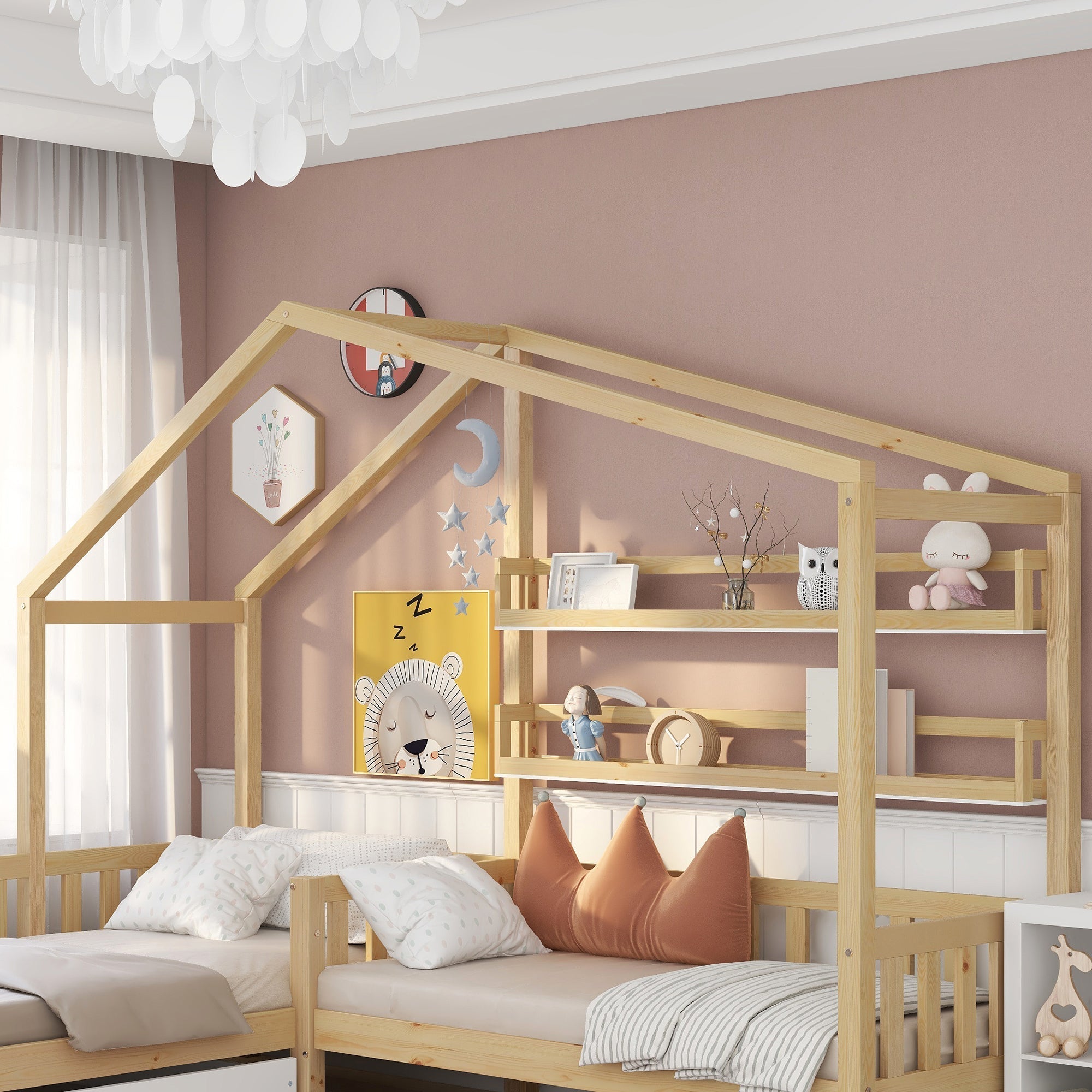 Children's House Bed with Drawers & Shelves, L-Shaped, Solid Wood