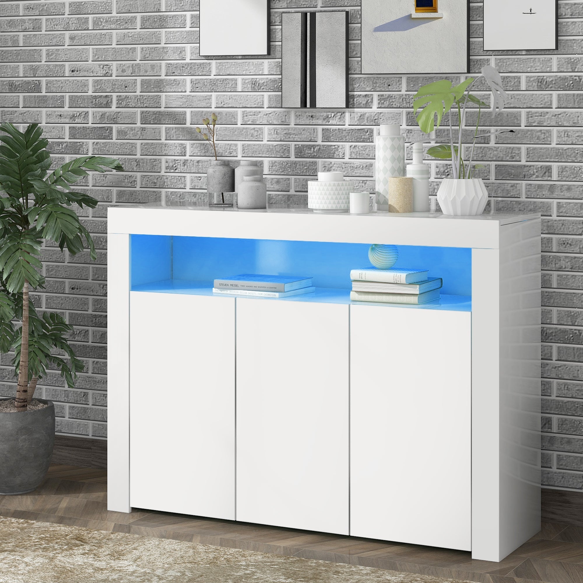 High Gloss White Sideboard Display Cabinet with LED Lights & Remote Control, Modern 3-Door Wood Buffet Storage Unit