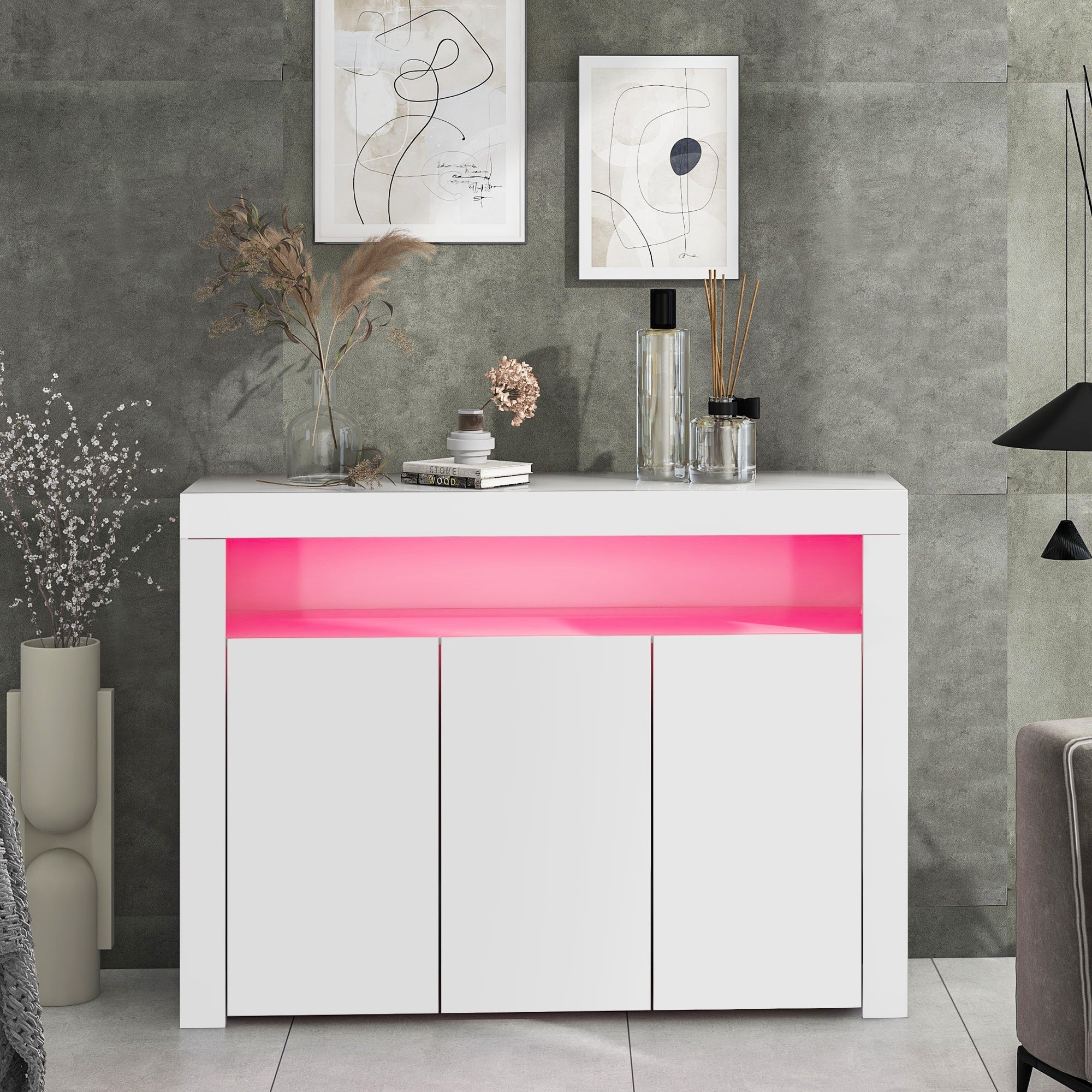 High Gloss White Sideboard Display Cabinet with LED Lights & Remote Control, Modern 3-Door Wood Buffet Storage Unit