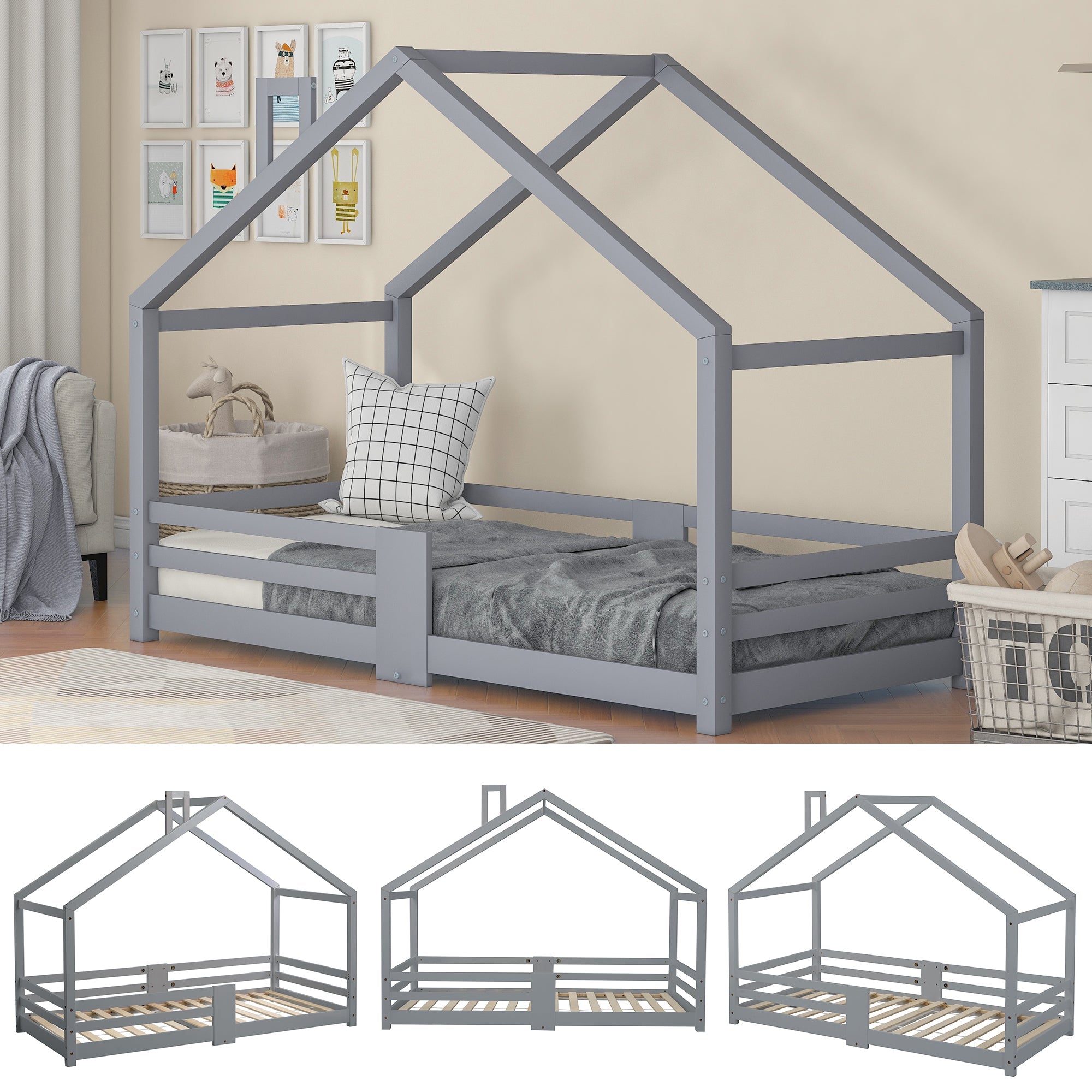 Children's House Bed with Chimney & Fall Protection, Pine Wood, Grey